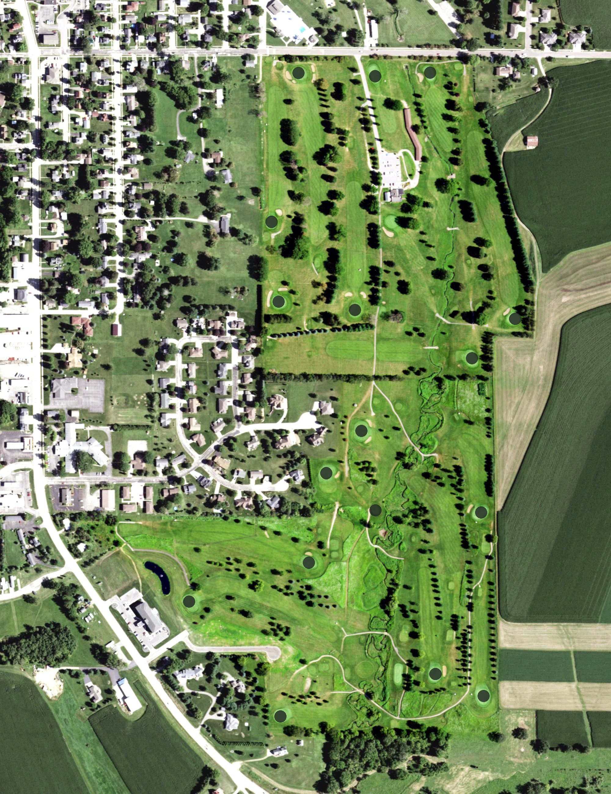 Aerial view of Lancaster Country Club, WI, with its hole routing marked