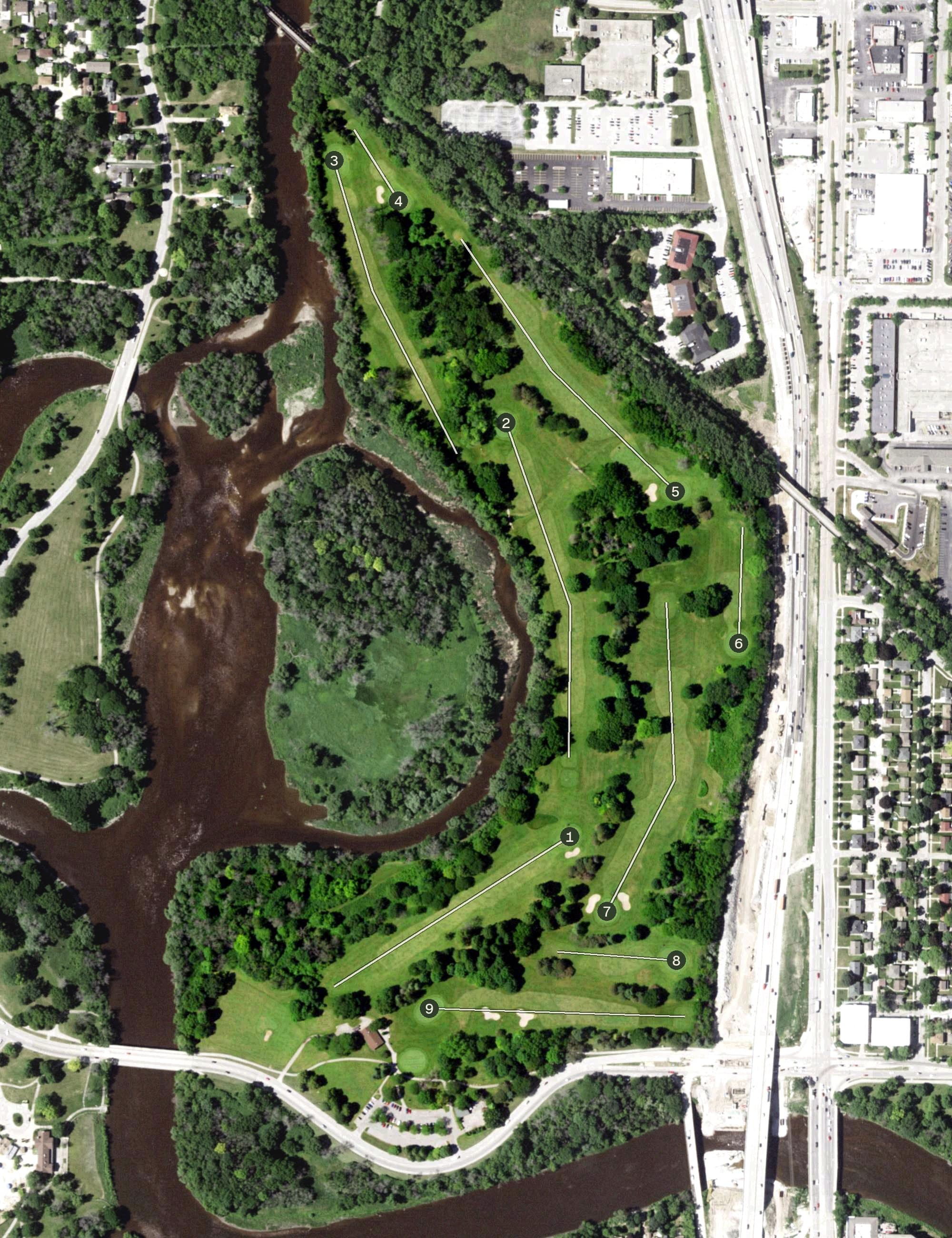Aerial view of Lincoln Park Golf Course, WI, with its hole routing marked