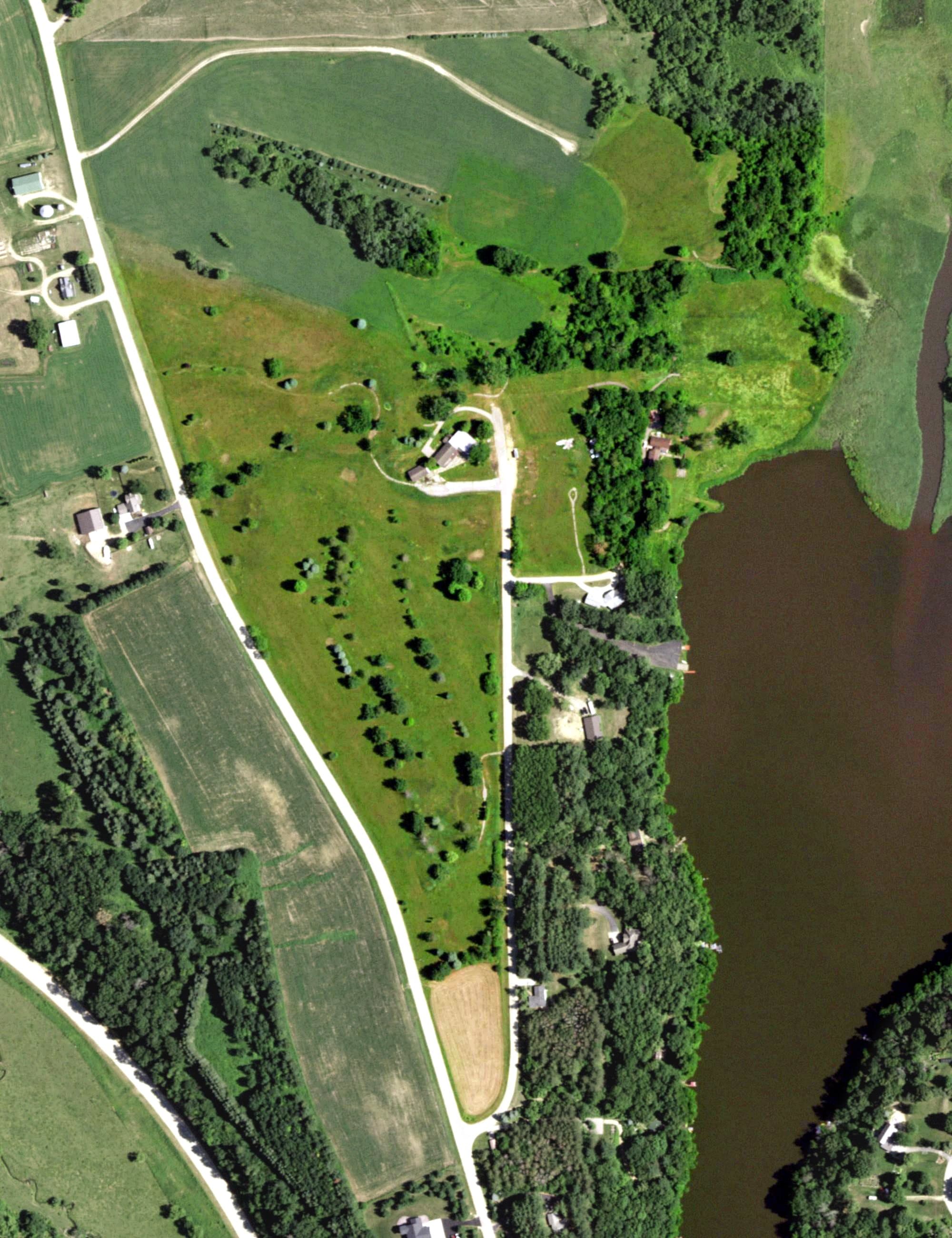 Aerial view of Ludden Lake Golf Club, WI, with its hole routing marked
