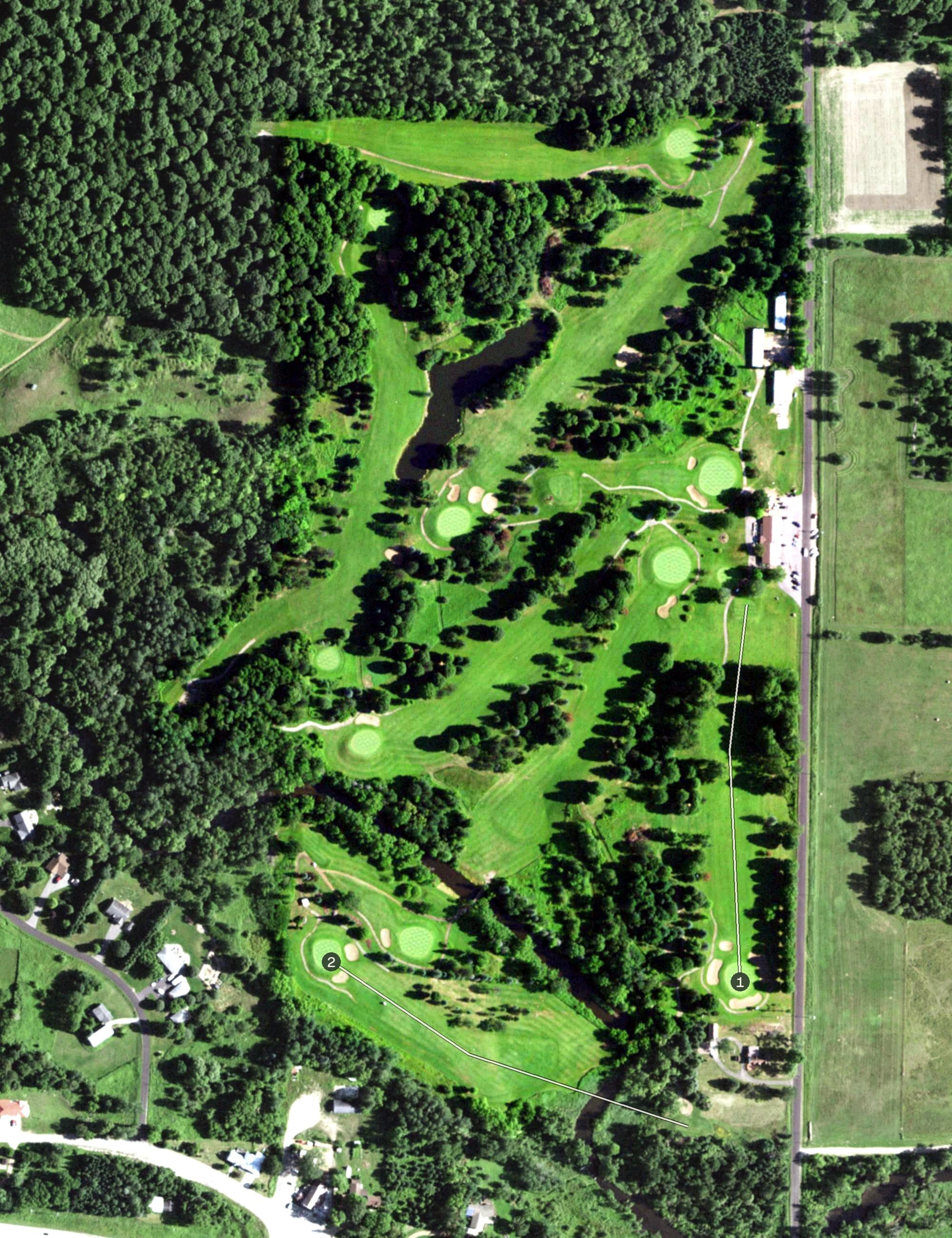 Aerial view of Maple Hills Golf Course, WI, with its hole routing marked