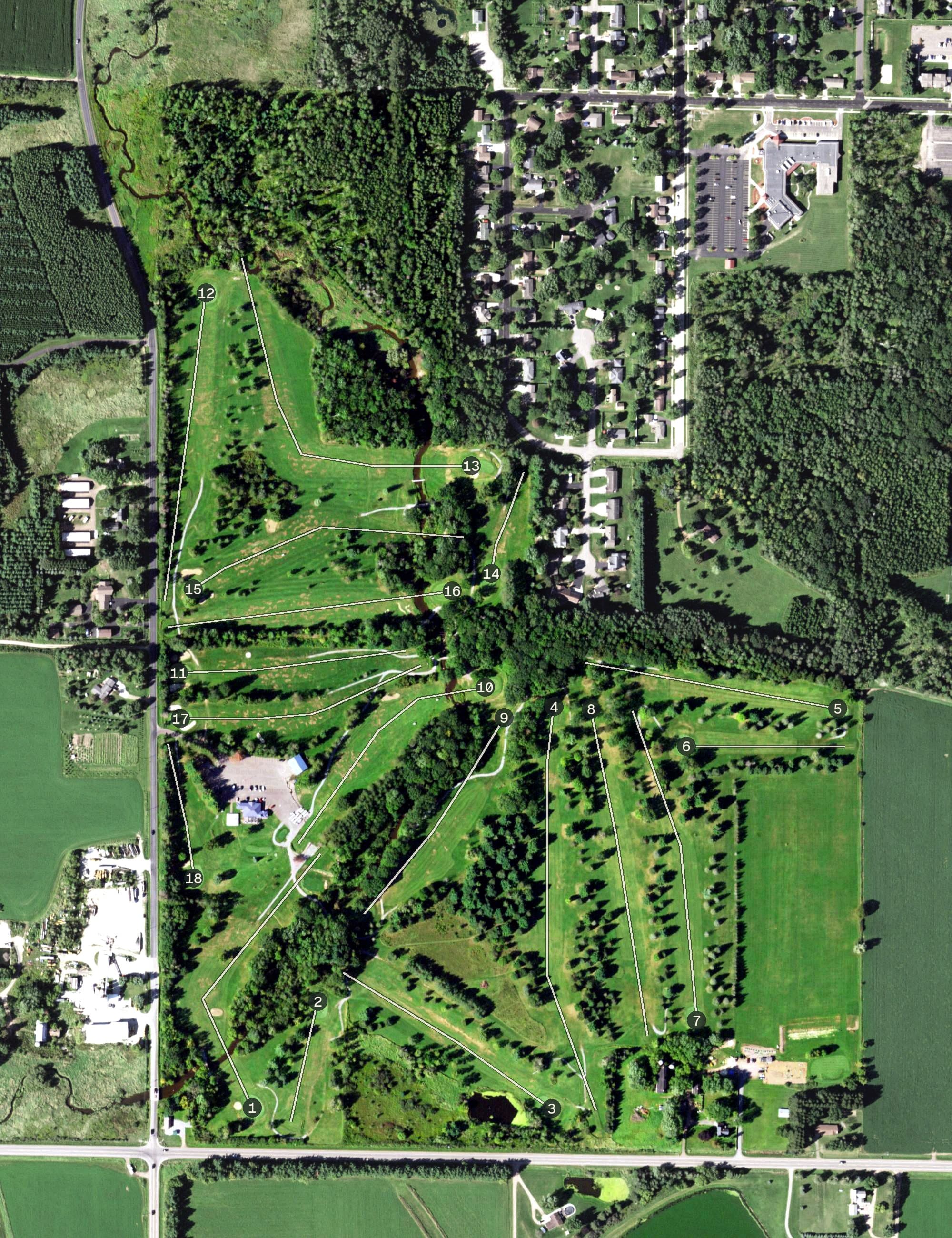 Aerial view of Marshfield Country Club, WI, with its hole routing marked