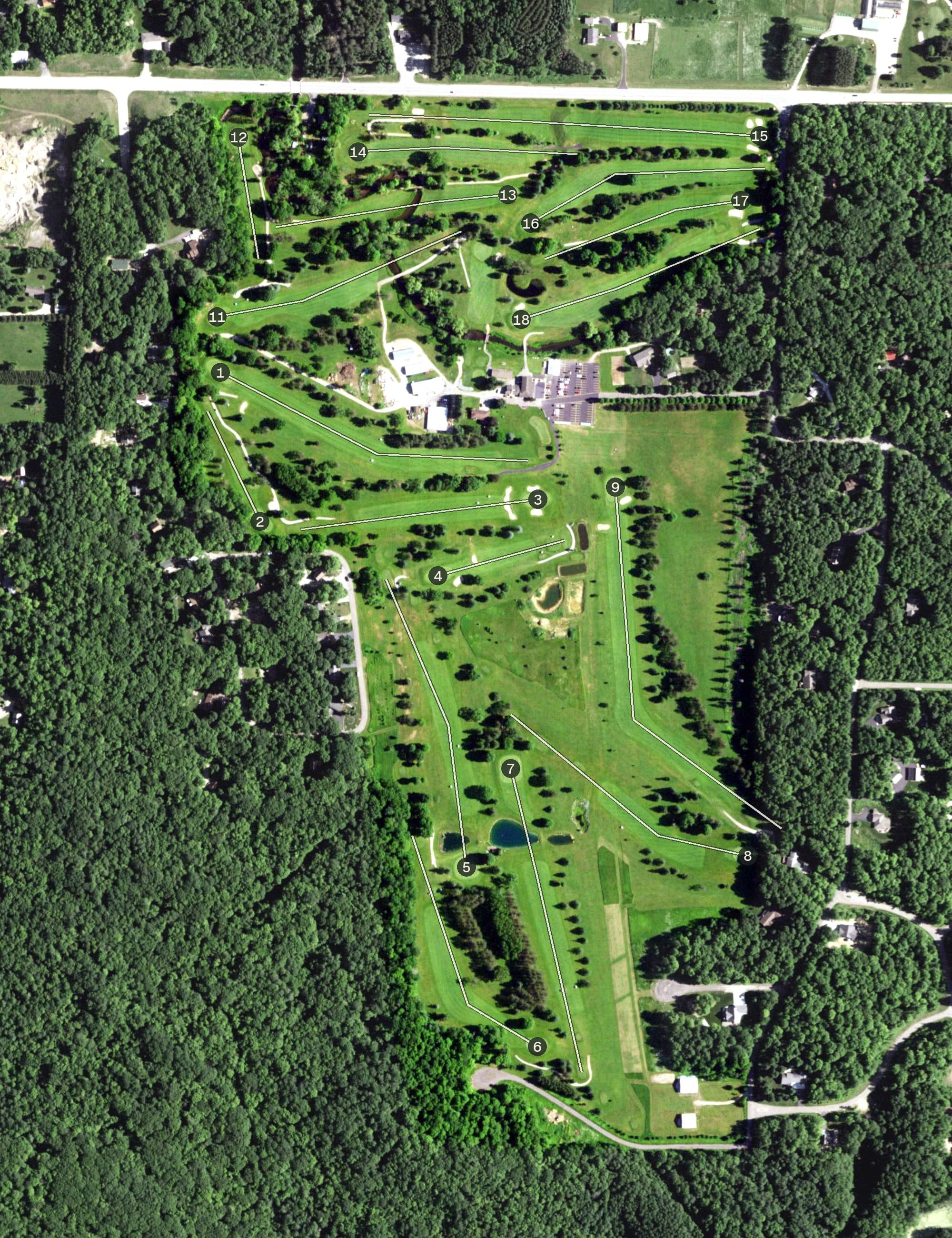 Aerial view of McCaslin Brook Golf & Country Club, WI, with its hole routing marked