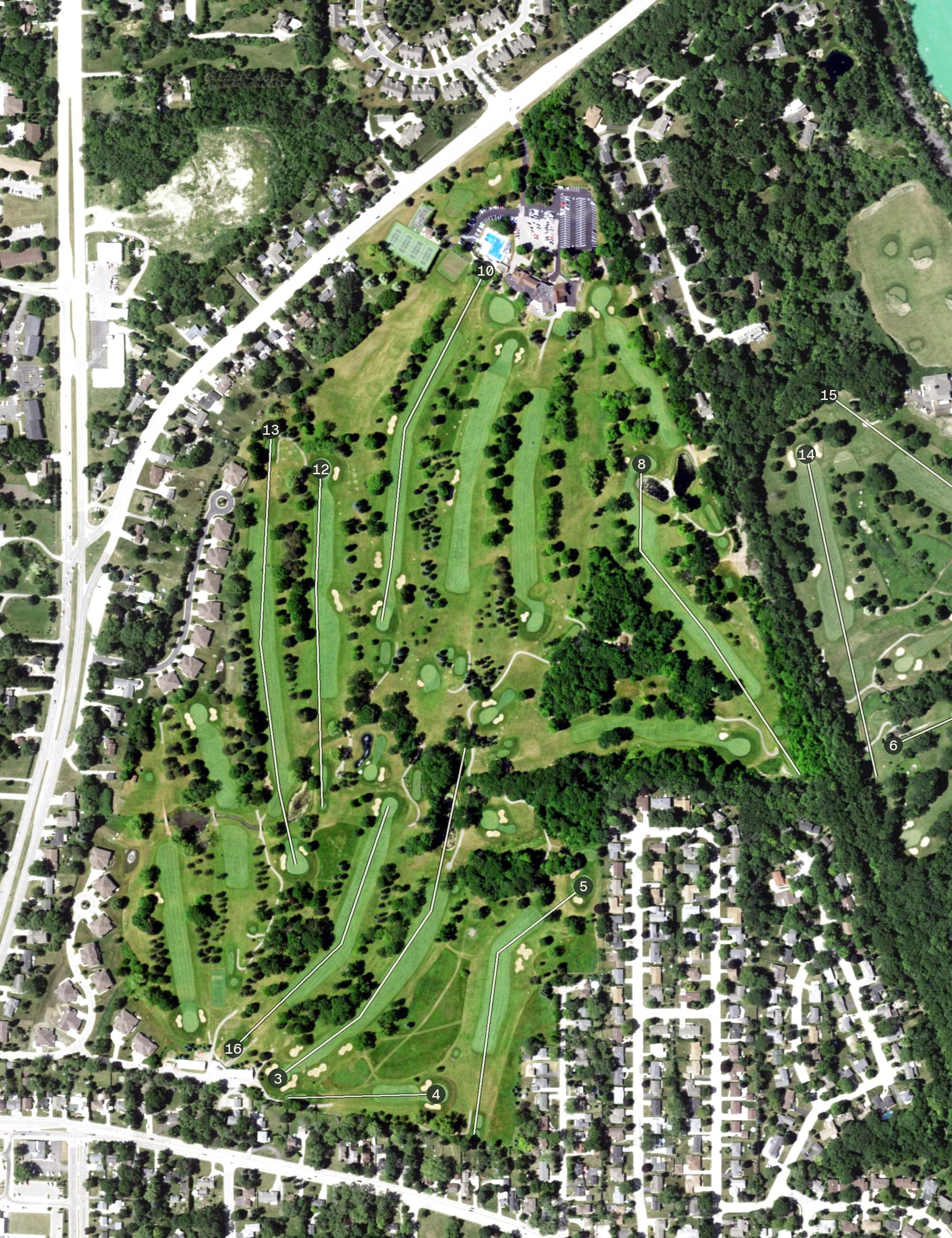 Aerial view of Meadowbrook Country Club, WI, with its hole routing marked
