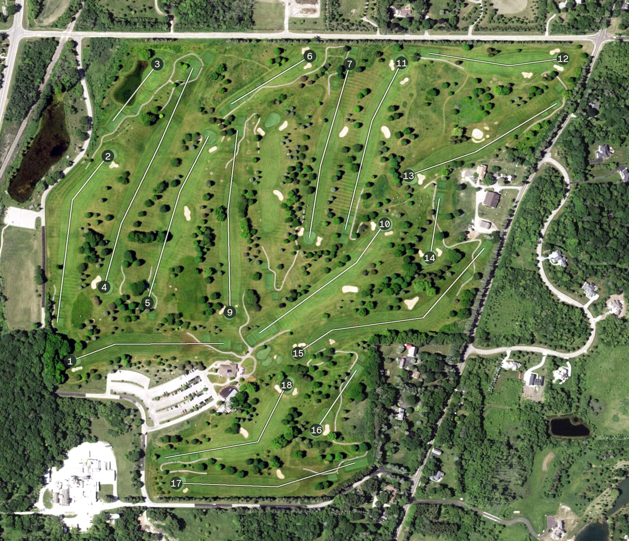 Aerial view of Mee-Kwon Park Golf Course, WI, with its hole routing marked