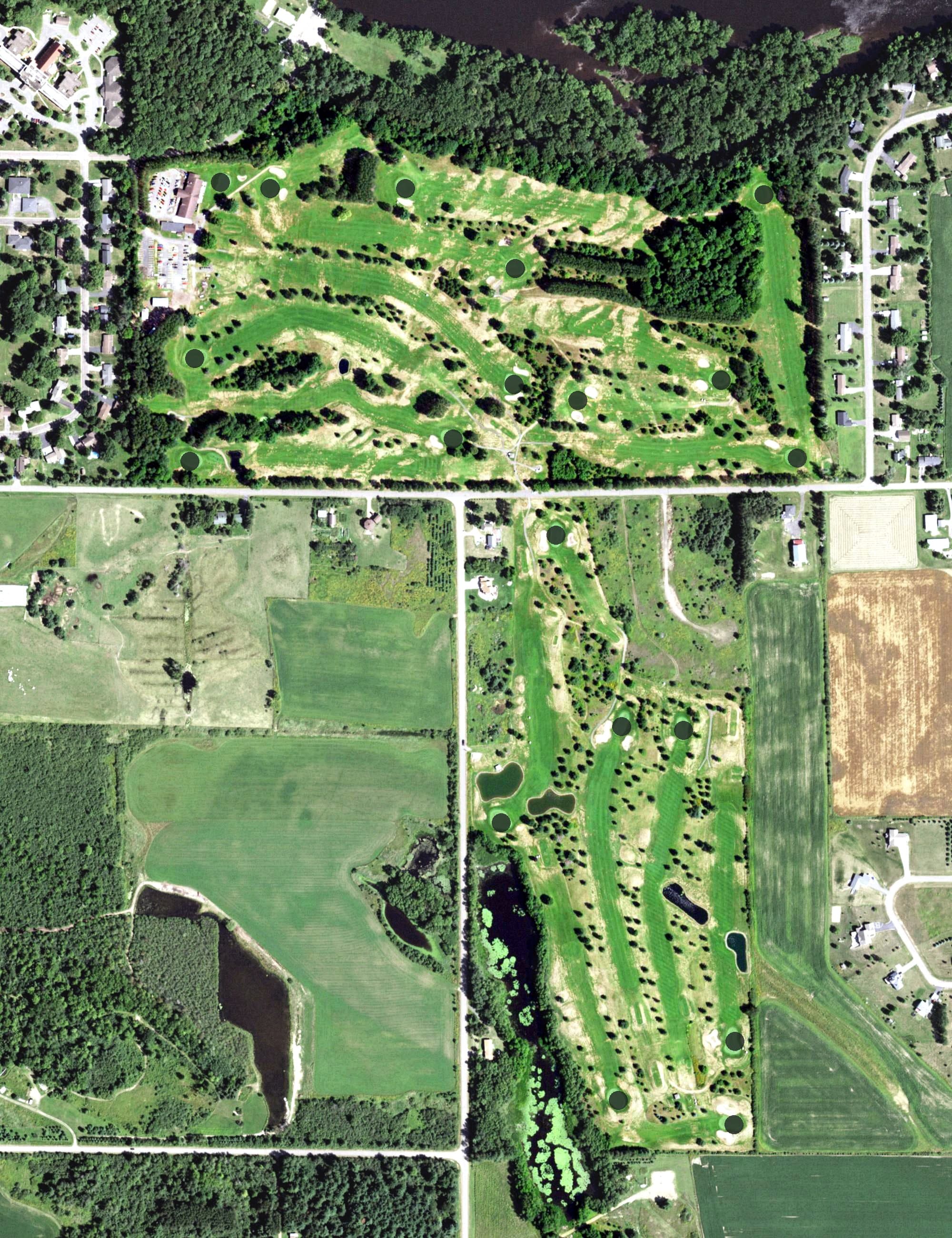 Aerial view of Merrill Golf Club, WI, with its hole routing marked