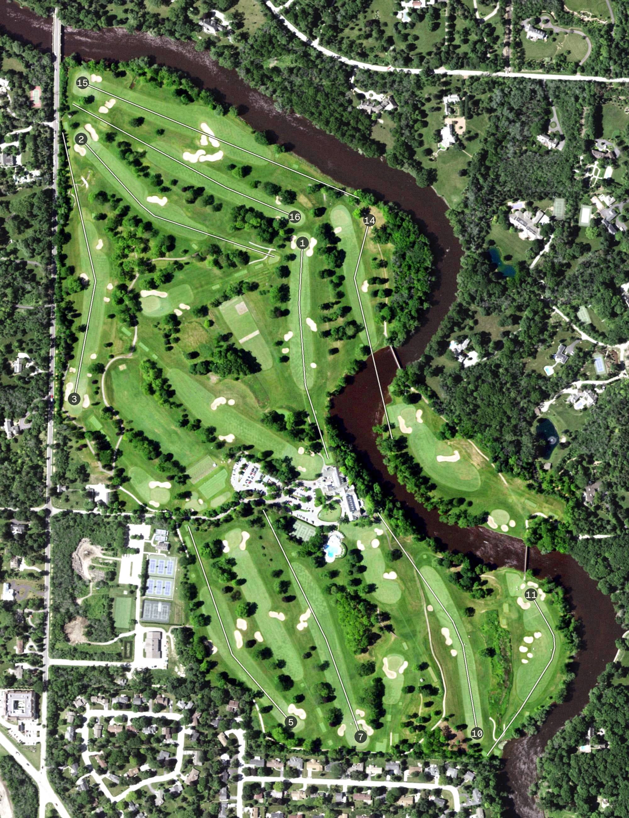 Aerial view of Milwaukee Country Club, WI, with its hole routing marked