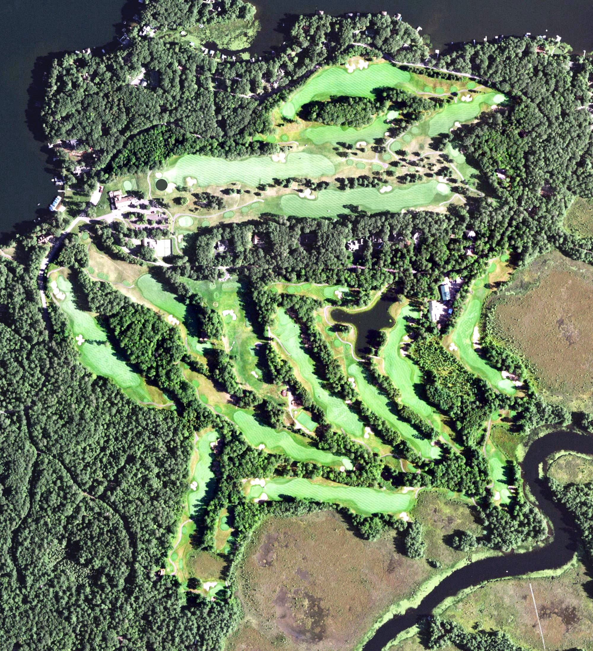 Aerial view of Minocqua Country Club, WI, with its hole routing marked