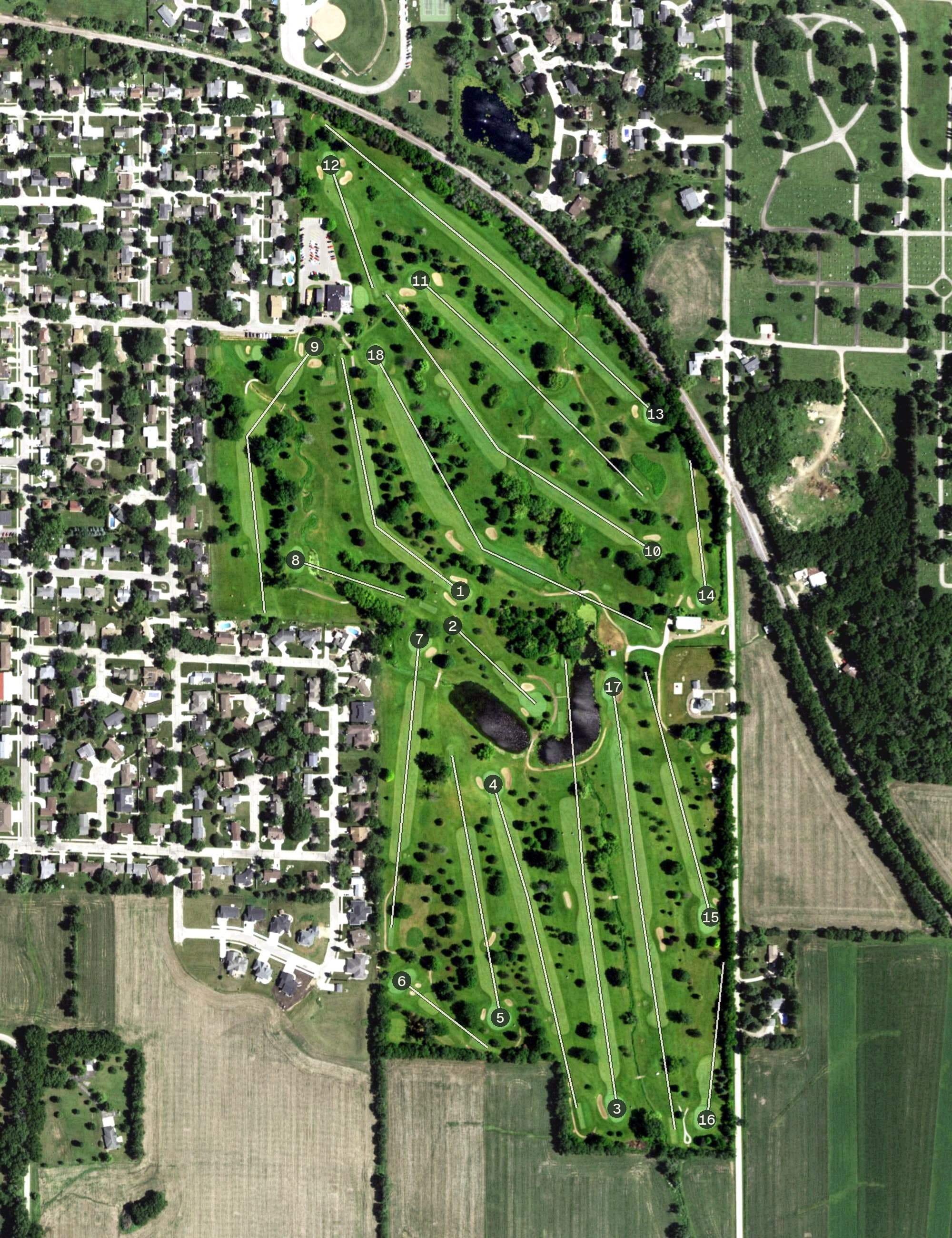 Aerial view of Monroe Country Club, WI, with its hole routing marked