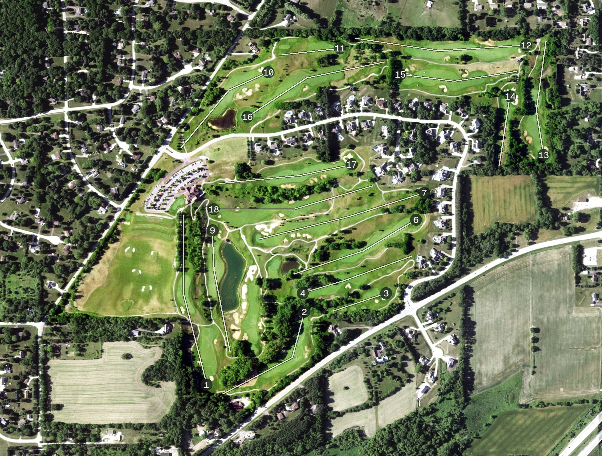 Aerial view of Morningstar Golf's Club, WI, with its hole routing marked