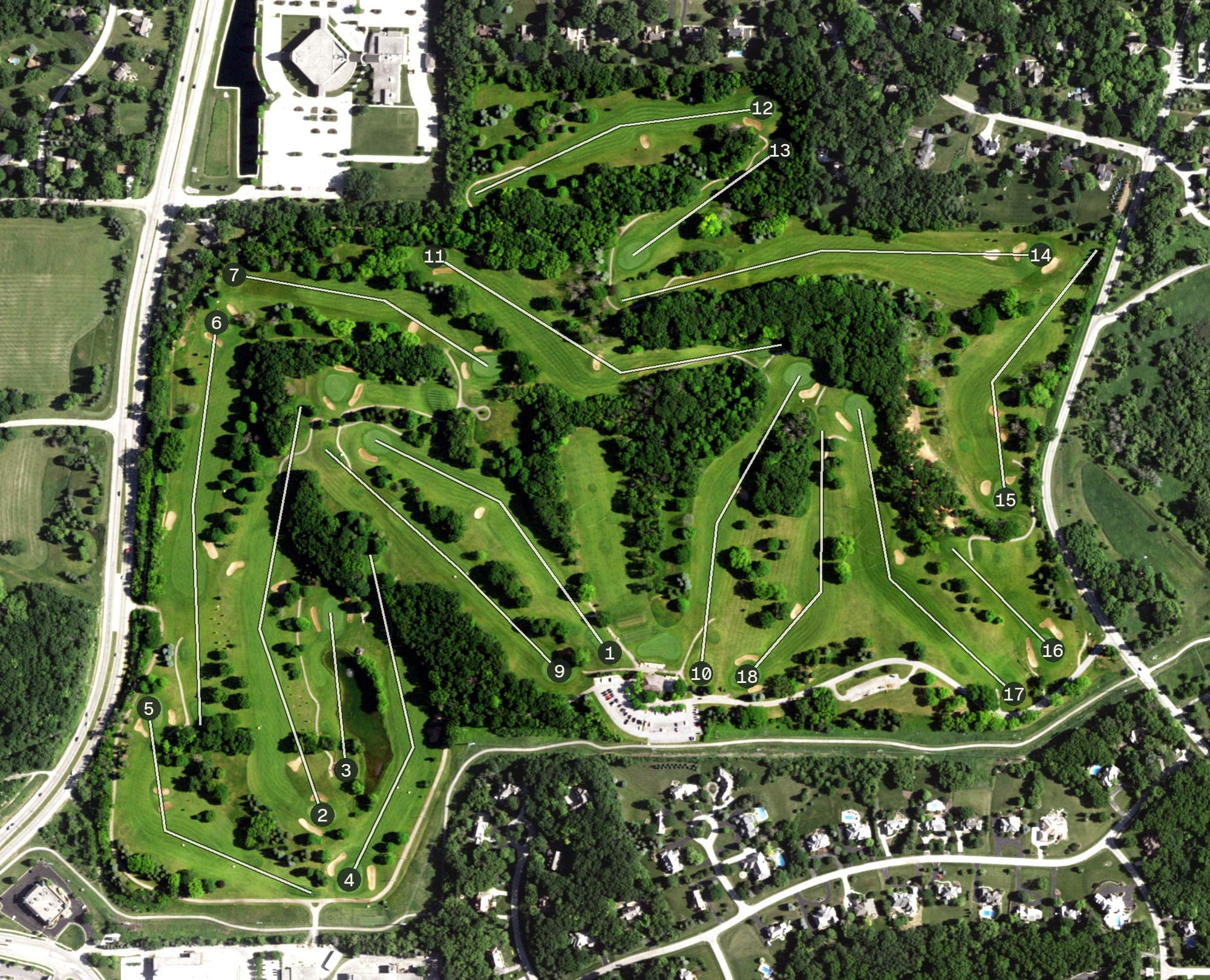 Aerial view of Naga-Waukee War Memorial Golf Course, WI, with its hole routing marked