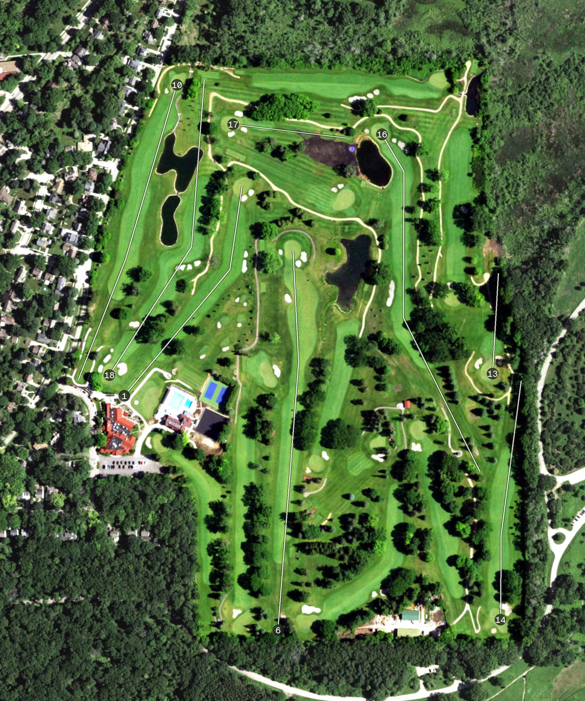 Aerial view of Nakoma Country Club, WI, with its hole routing marked