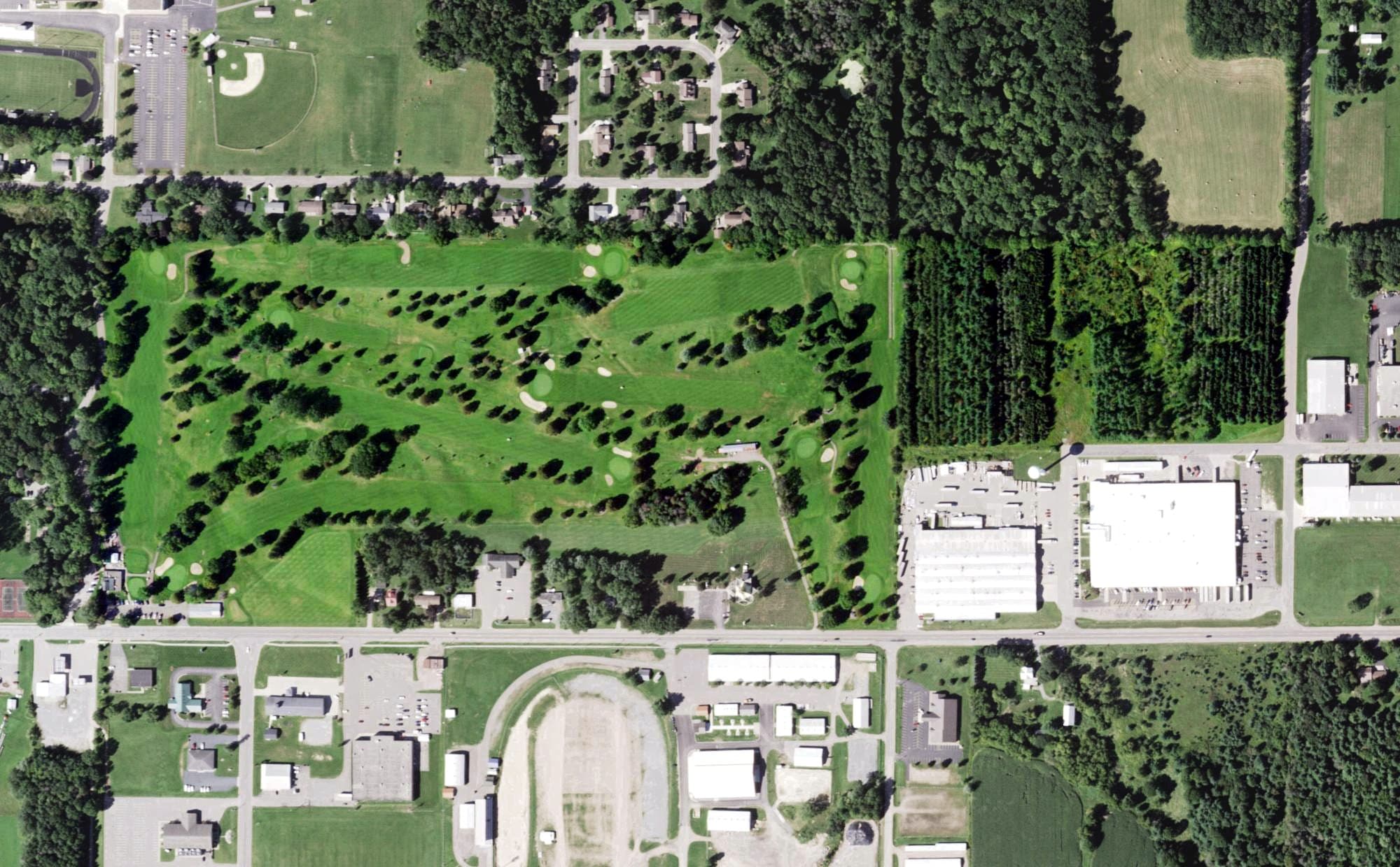 Aerial view of Neillsville Country Club, WI, with its hole routing marked