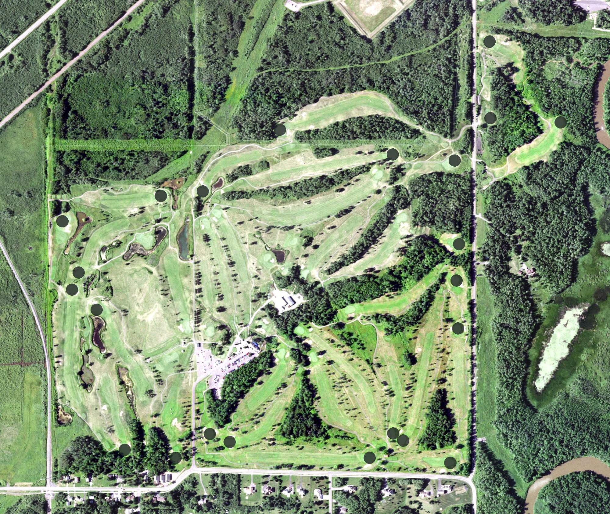 Aerial view of Nemadji Golf Course, WI, with its hole routing marked