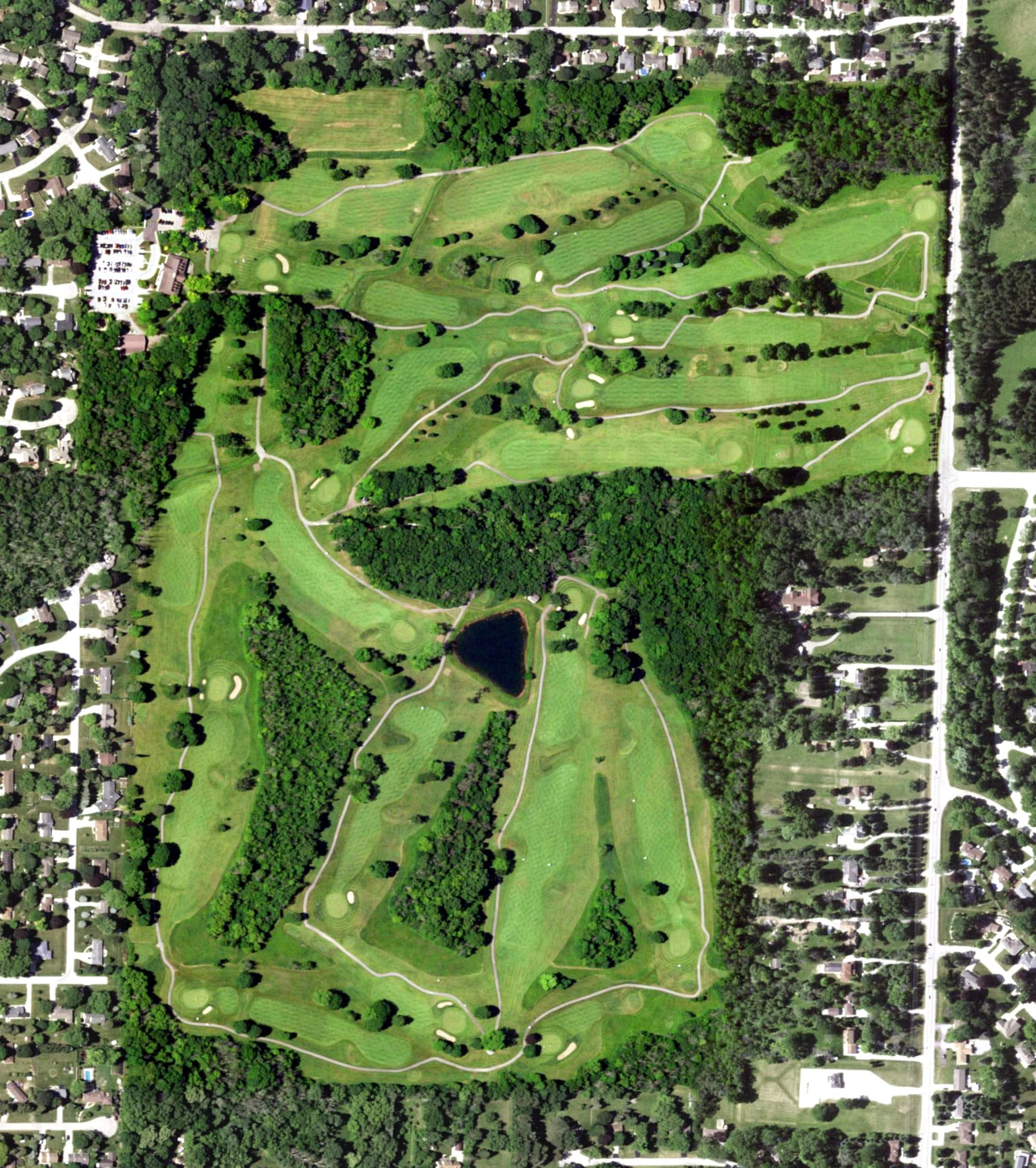 Aerial view of New Berlin Hills Golf Course, WI, with its hole routing marked