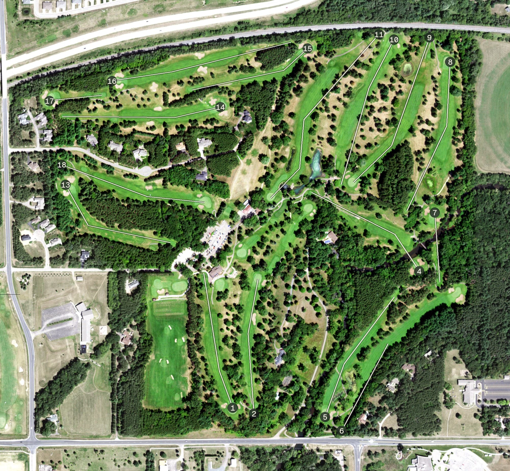 Aerial view of New Richmond Golf Club, WI, with its hole routing marked