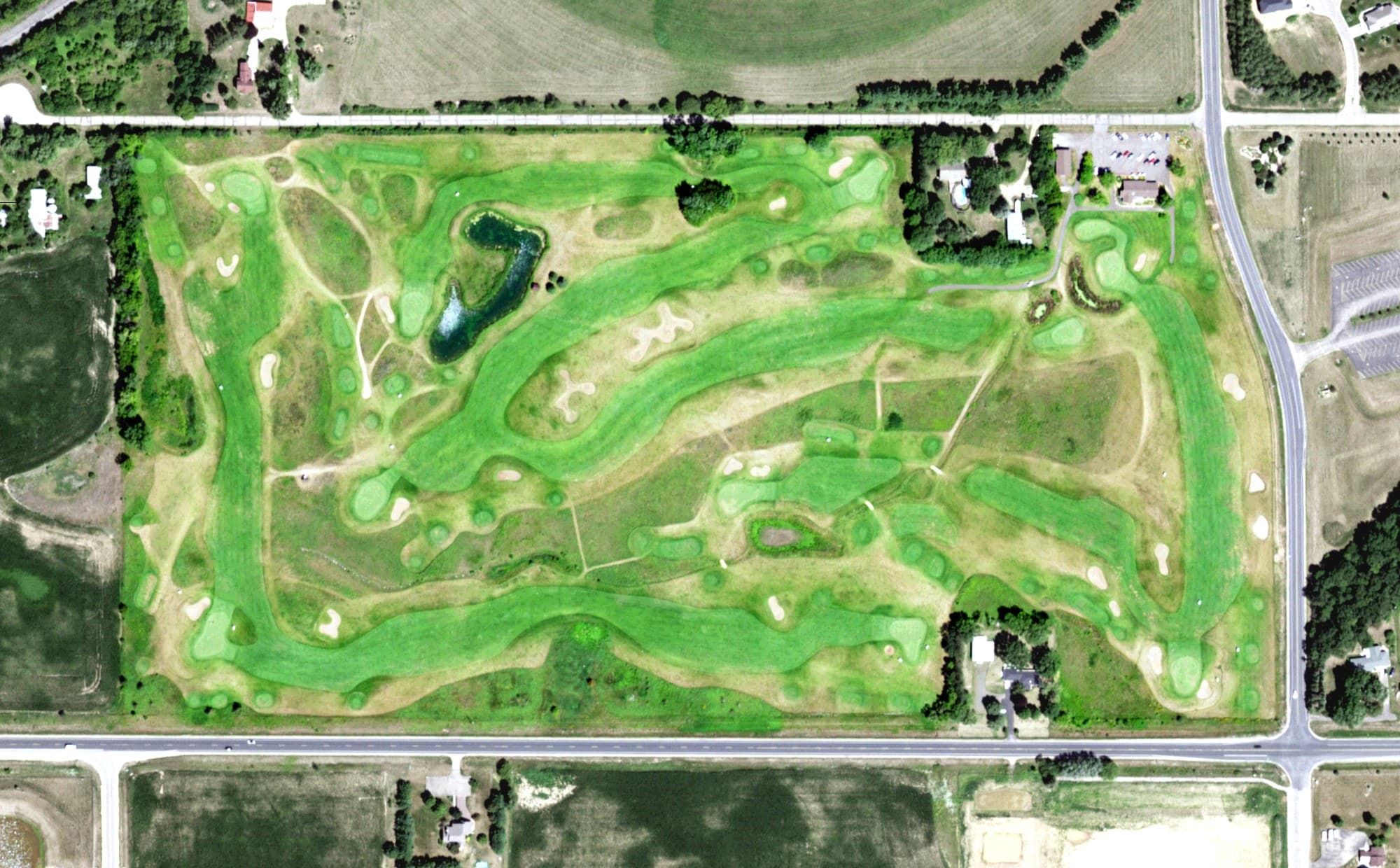 Aerial view of New Richmond Links Course, WI, with its hole routing marked