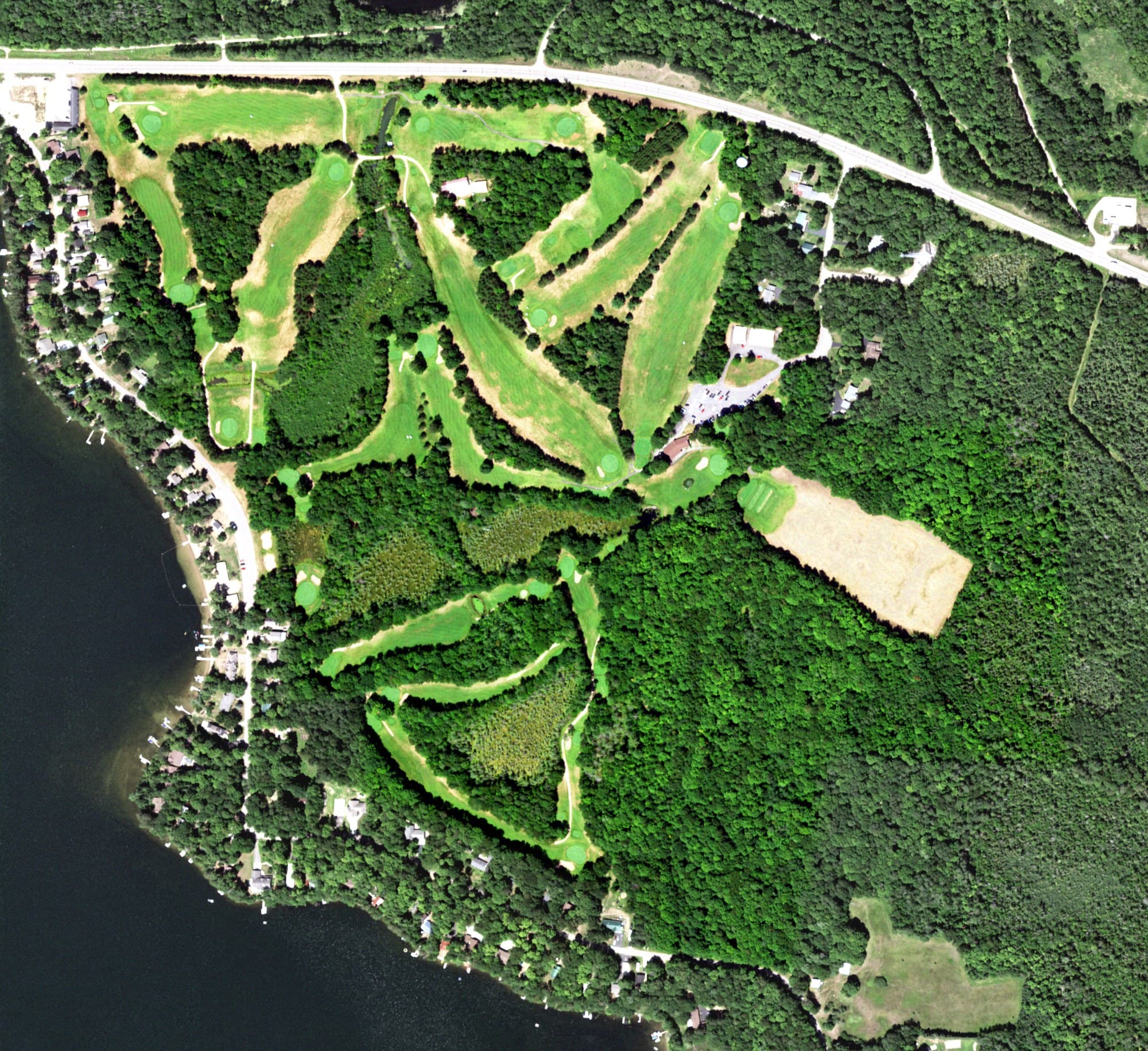 Aerial view of Nicolet Country Club, WI, with its hole routing marked