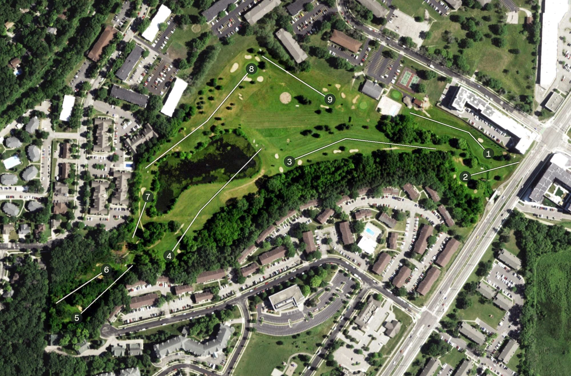Aerial view of Nine Springs Golf Course, WI, with its hole routing marked