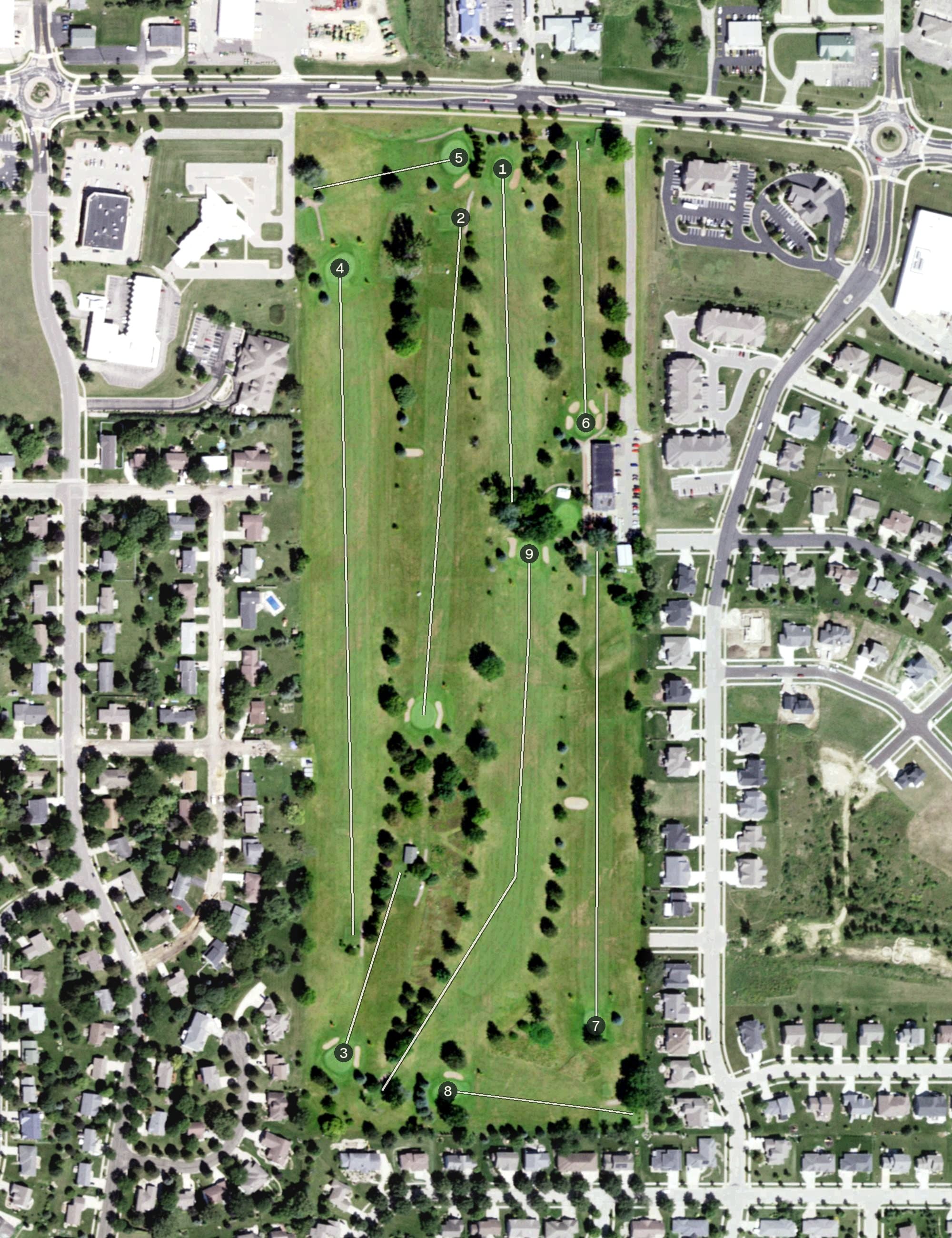 Aerial view of Norsk Golf Club, WI, with its hole routing marked