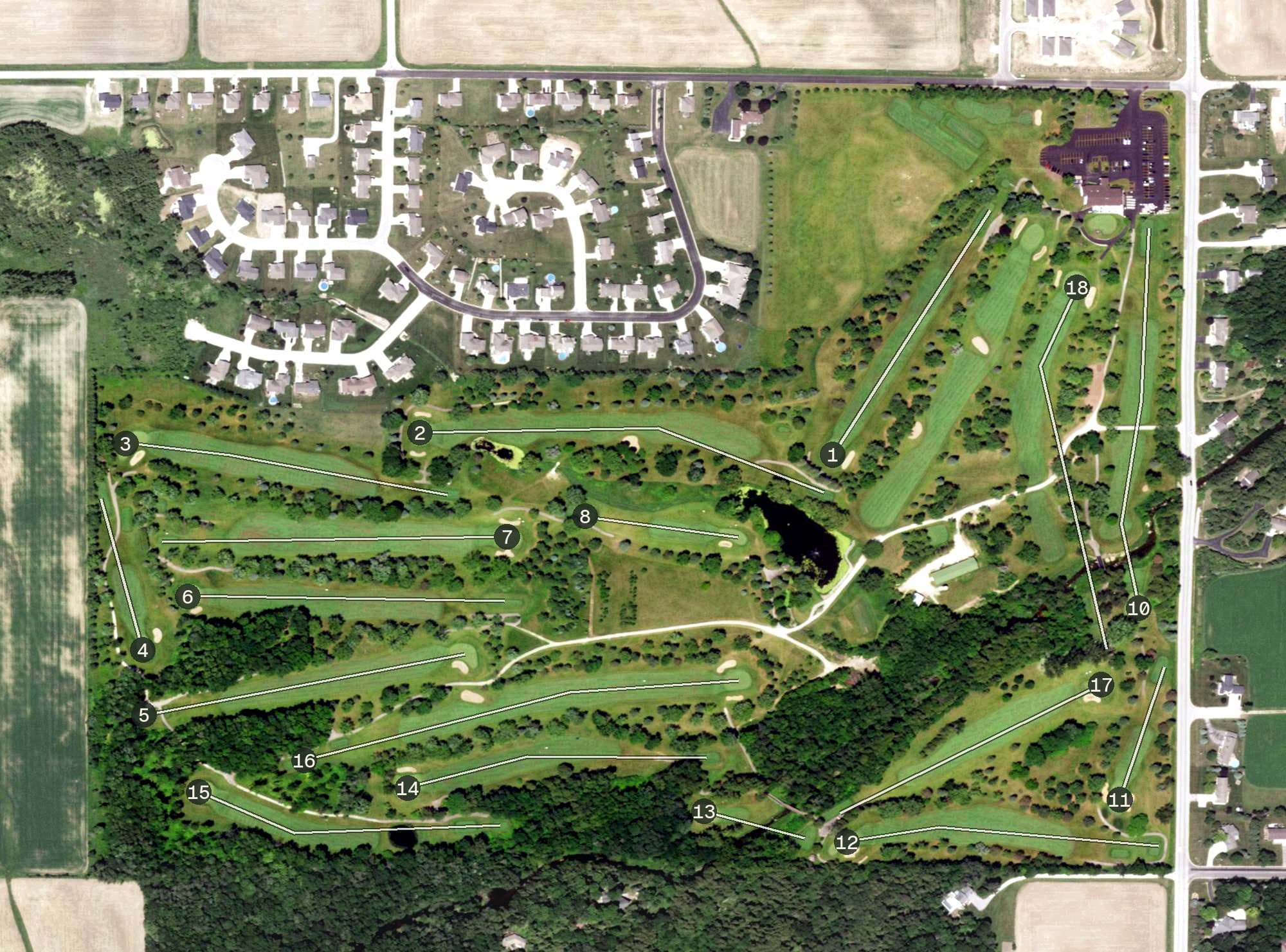 Aerial view of Northbrook Country Club, WI, with its hole routing marked