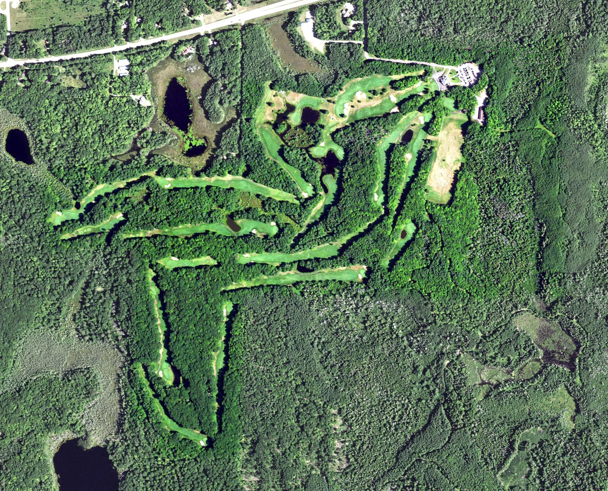 Aerial view of Northwood Golf Club, WI, with its hole routing marked