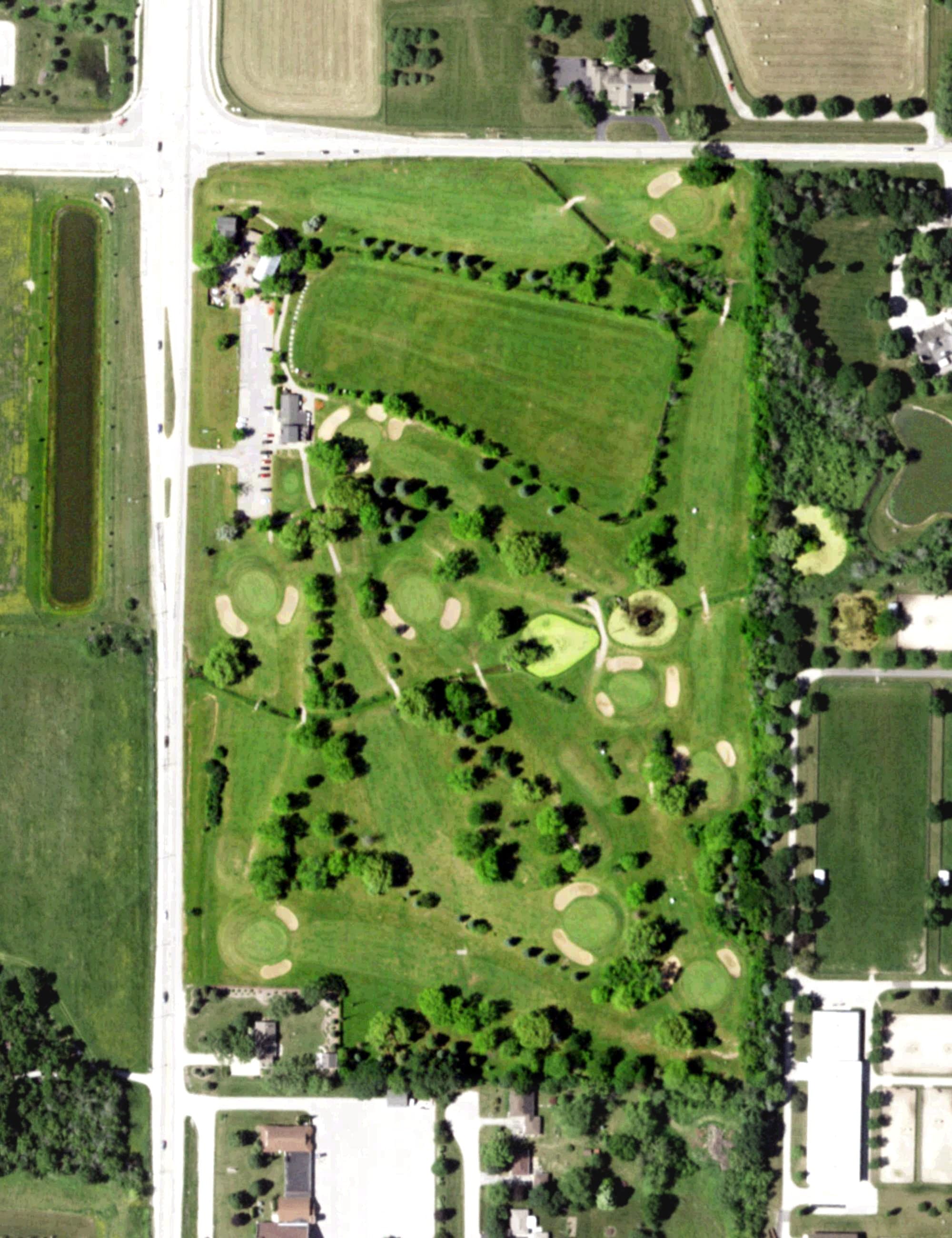 Aerial view of Oak Hills Golf Course, WI, with its hole routing marked