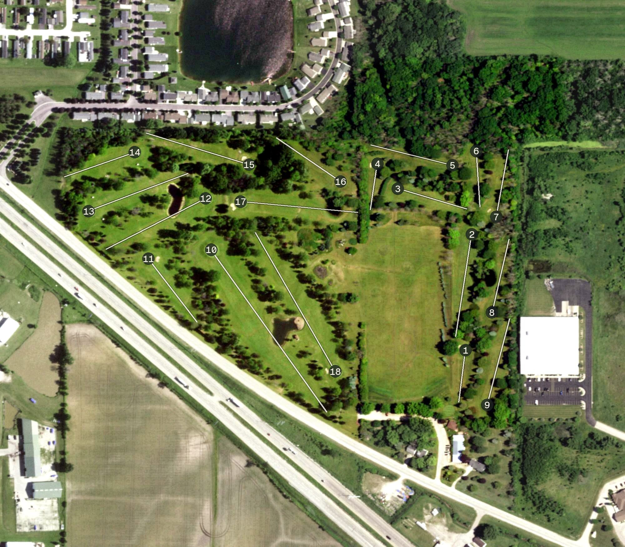 Aerial view of Oakgreen Golf Course & Driving Range, WI, with its hole routing marked