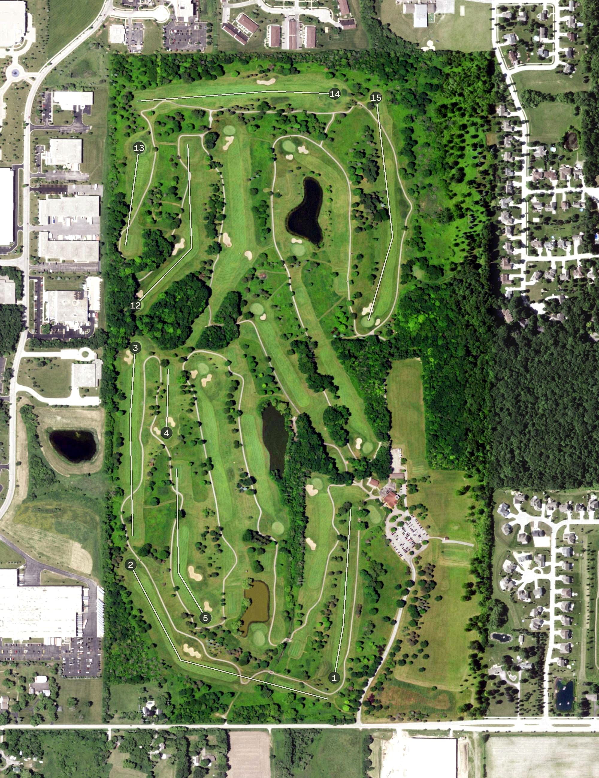 Aerial view of Oakwood Park Golf Course, WI, with its hole routing marked