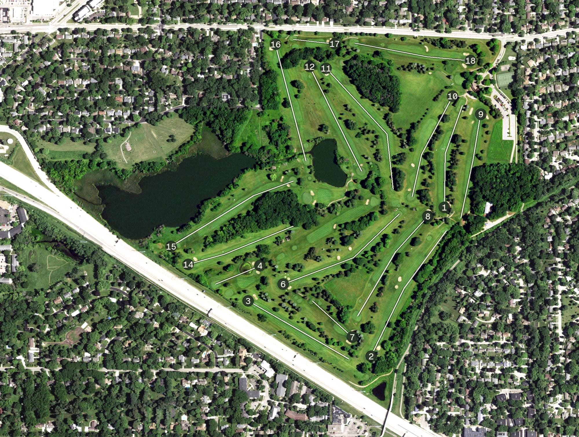 Aerial view of Odana Hills Golf Course, WI, with its hole routing marked