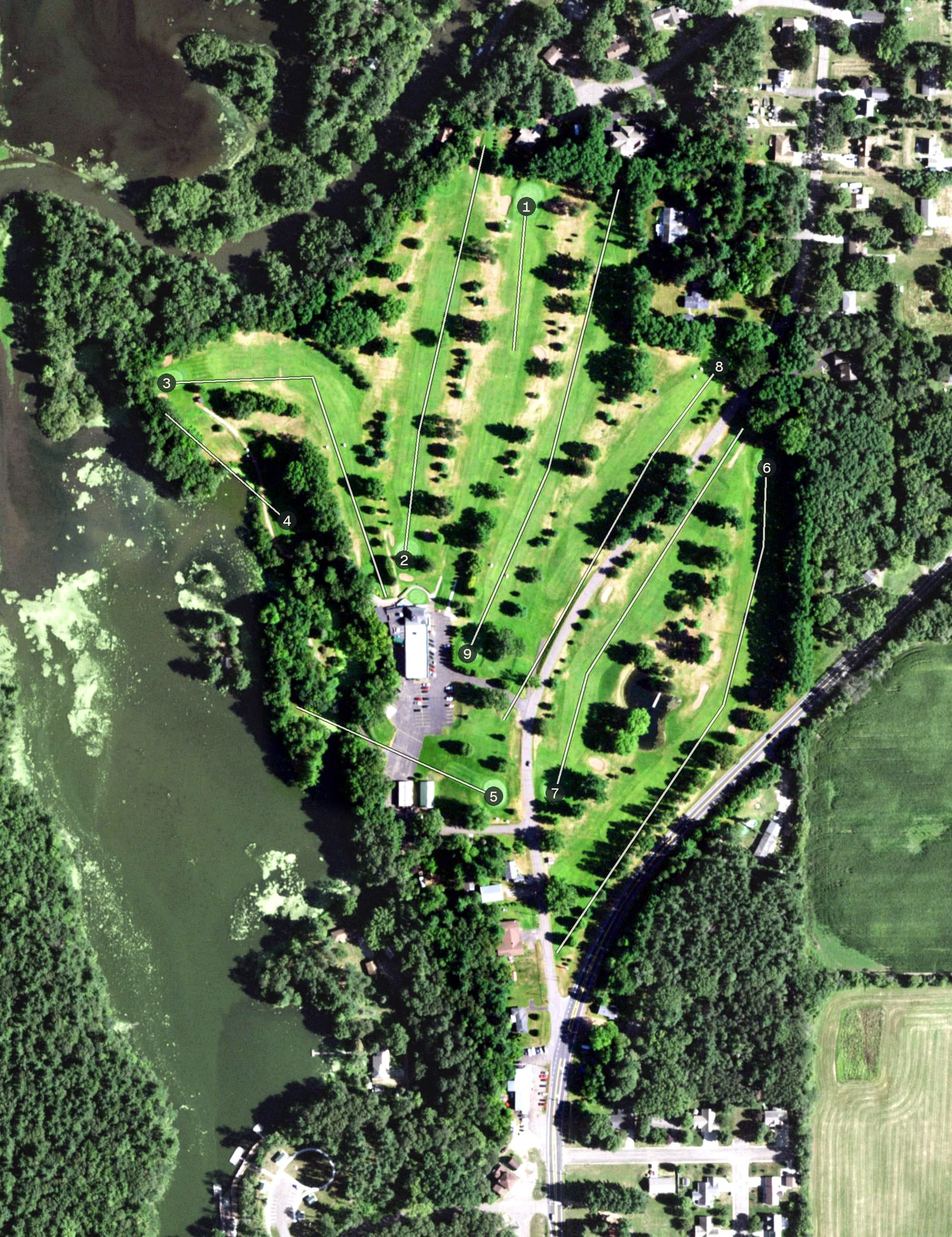 Aerial view of Ojibwa Golf & Bowl, WI, with its hole routing marked