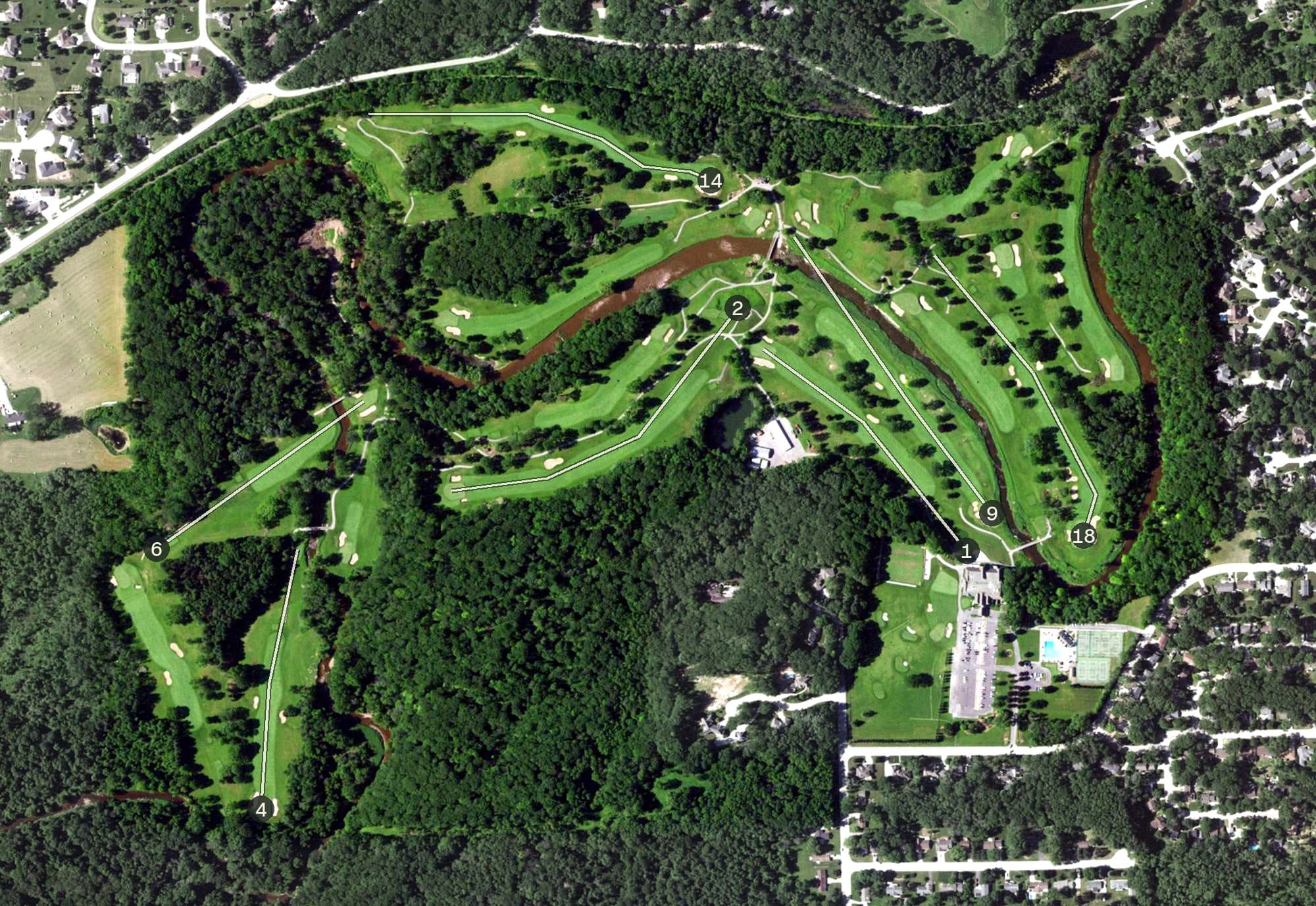 Aerial view of Oneida Golf & Country Club, WI, with its hole routing marked
