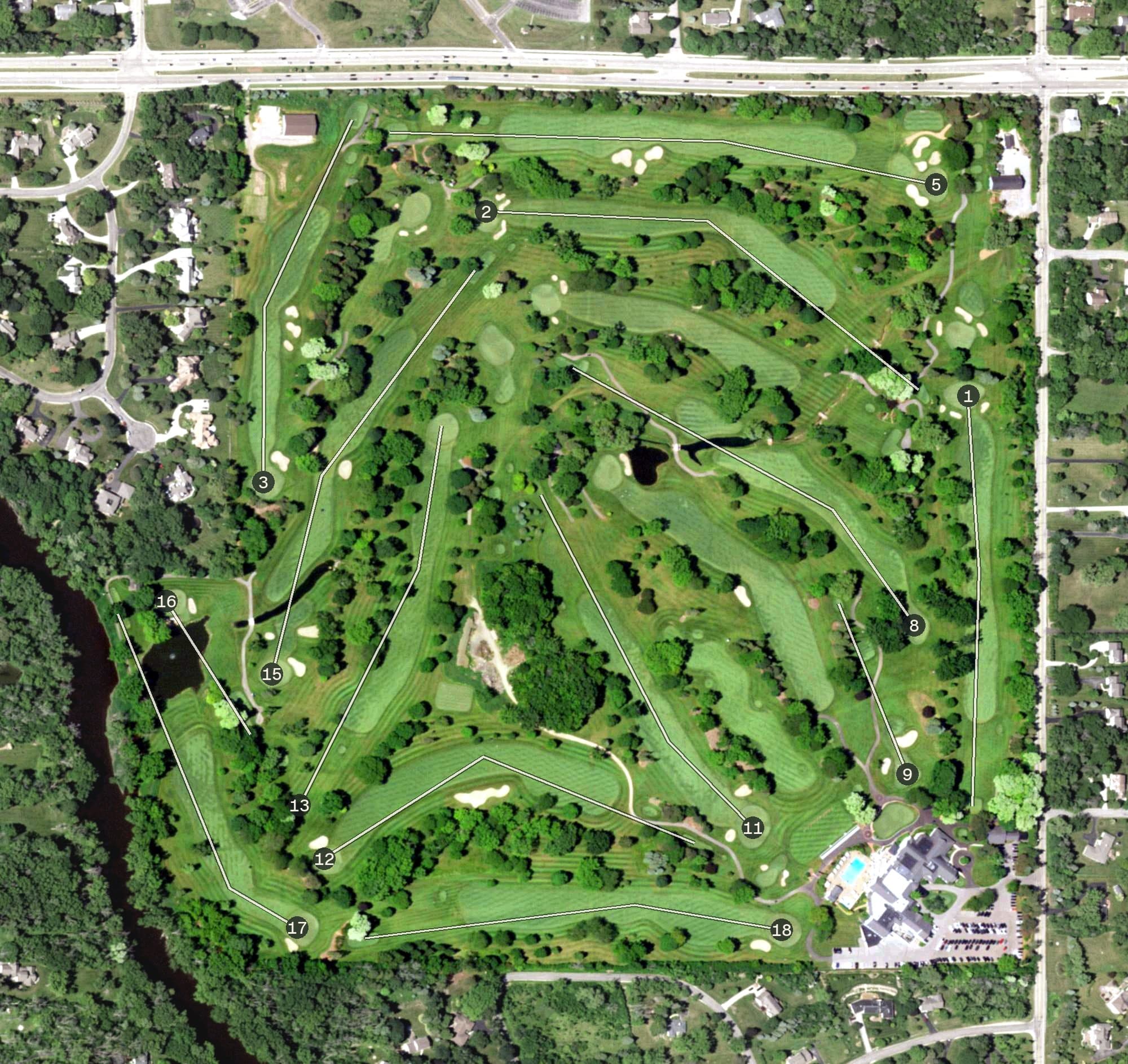 Aerial view of Ozaukee Country Club, WI, with its hole routing marked