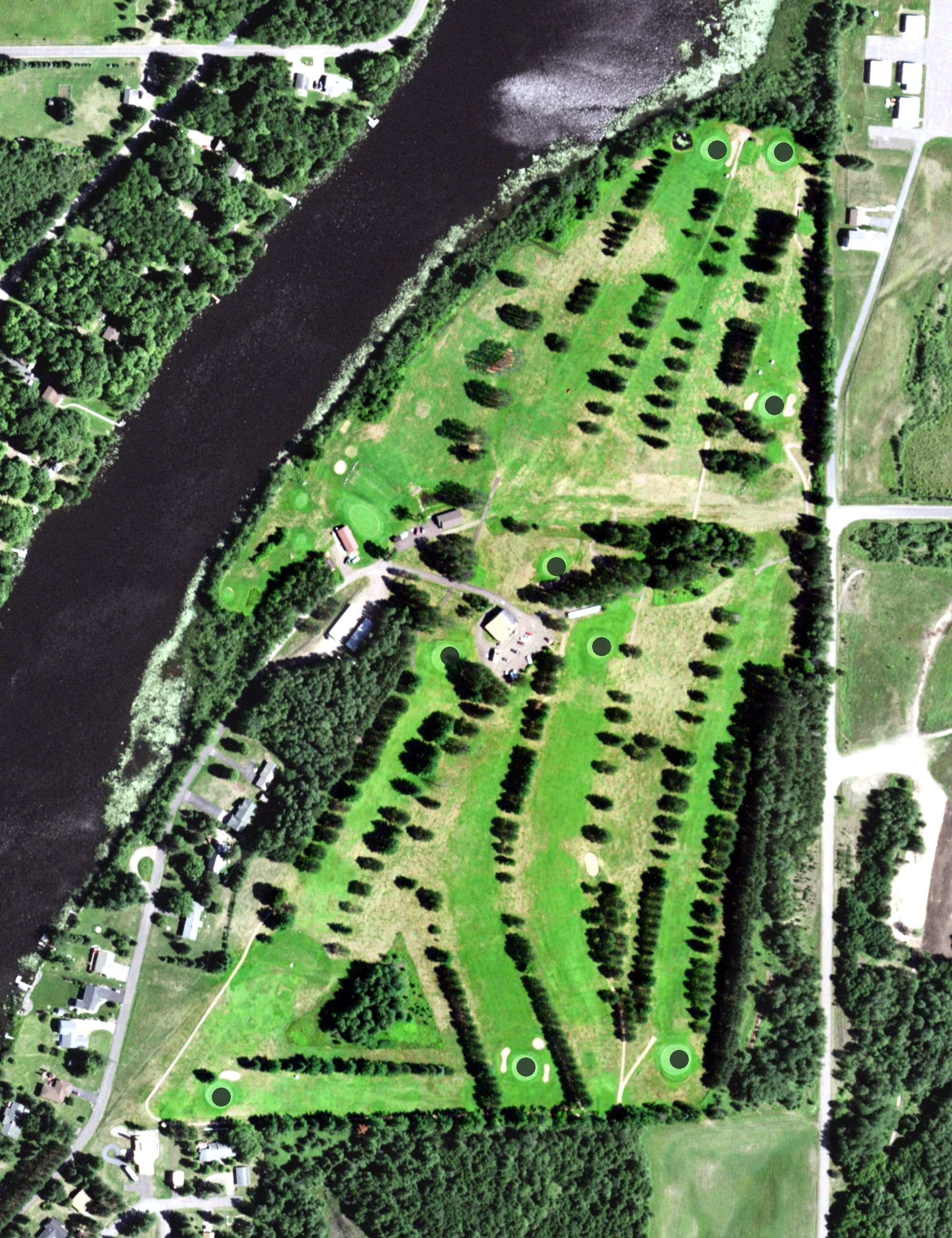 Aerial view of Park Falls Country Club, WI, with its hole routing marked