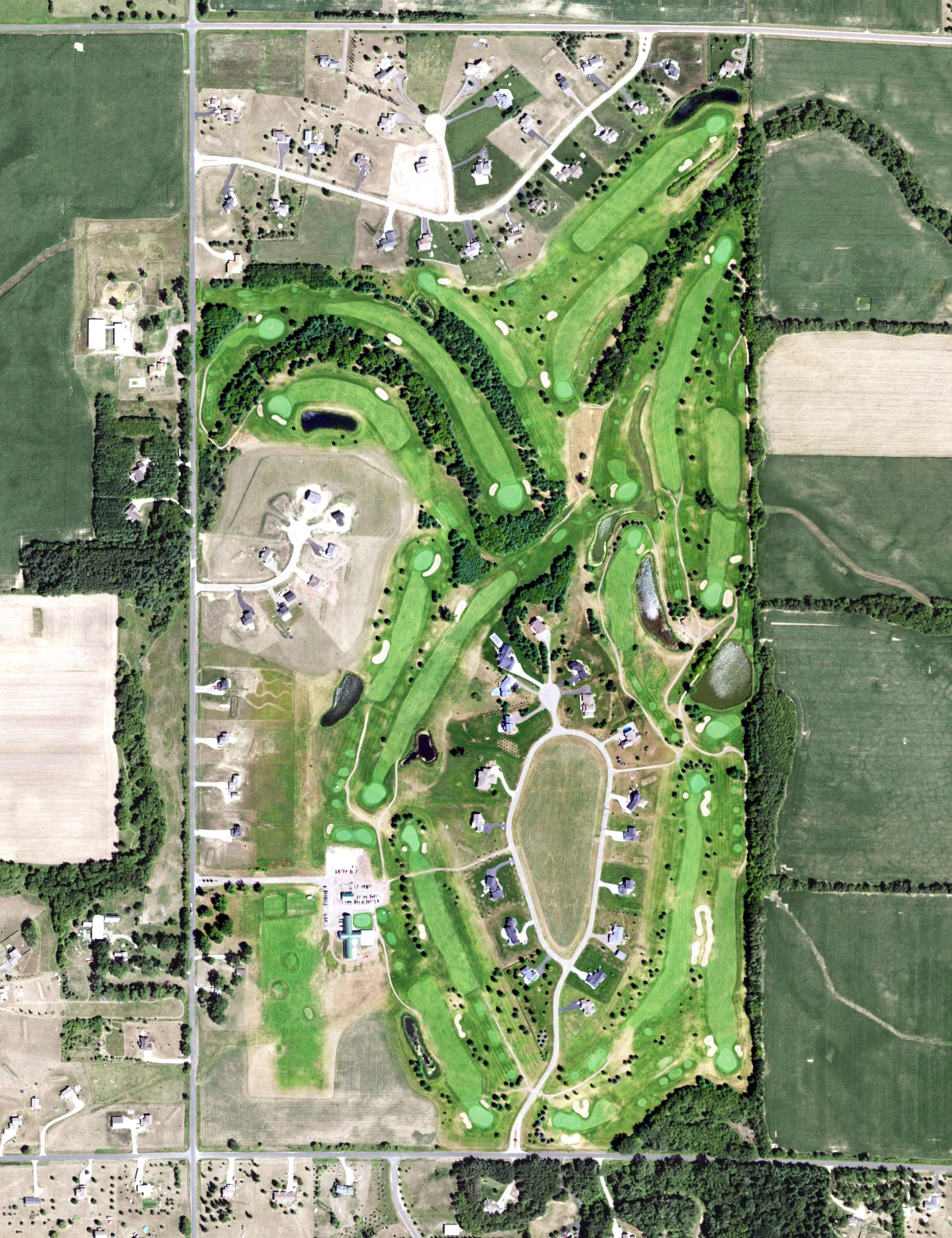 Aerial view of Pheasand Hills Golf Course, WI, with its hole routing marked