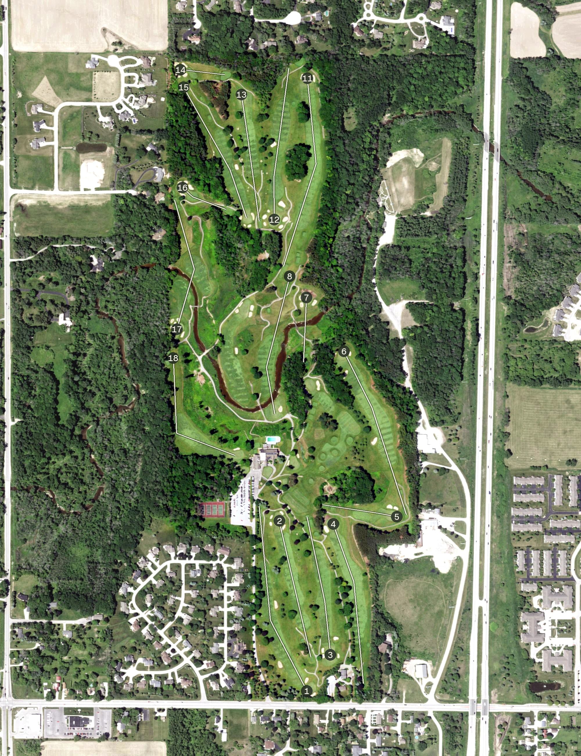 Aerial view of Pine Hills Country Club, WI, with its hole routing marked