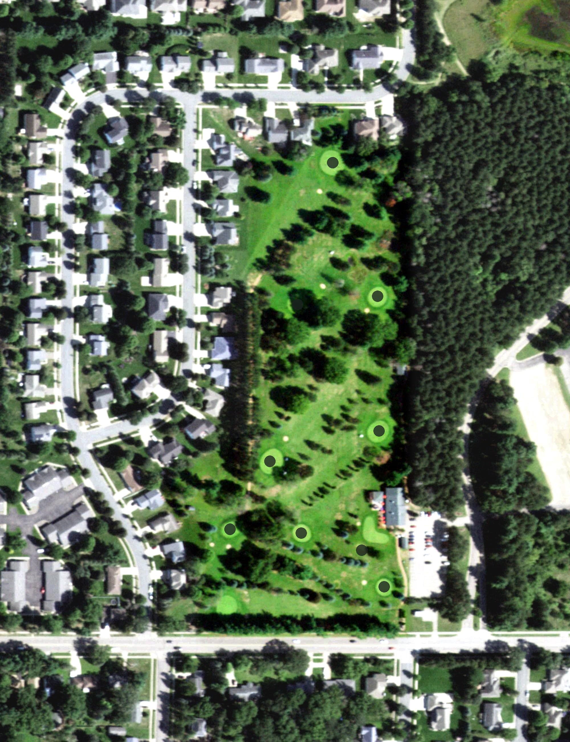 Aerial view of Pine Meadow Golf Club, WI, with its hole routing marked