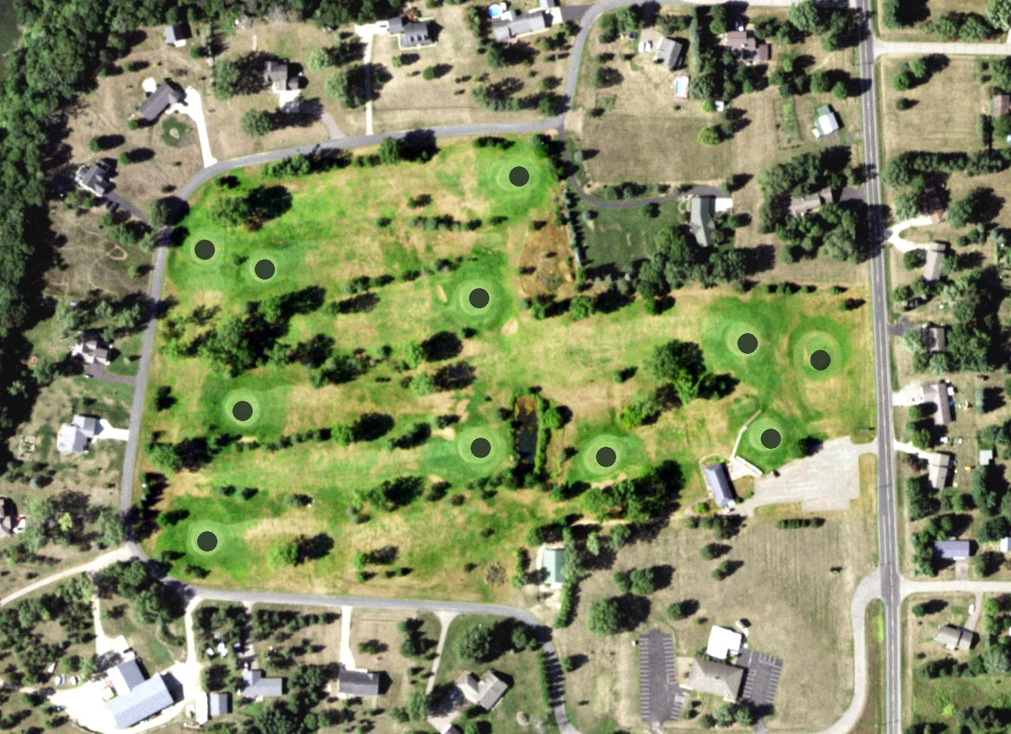 Aerial view of Pinewood Golf Course, WI, with its hole routing marked