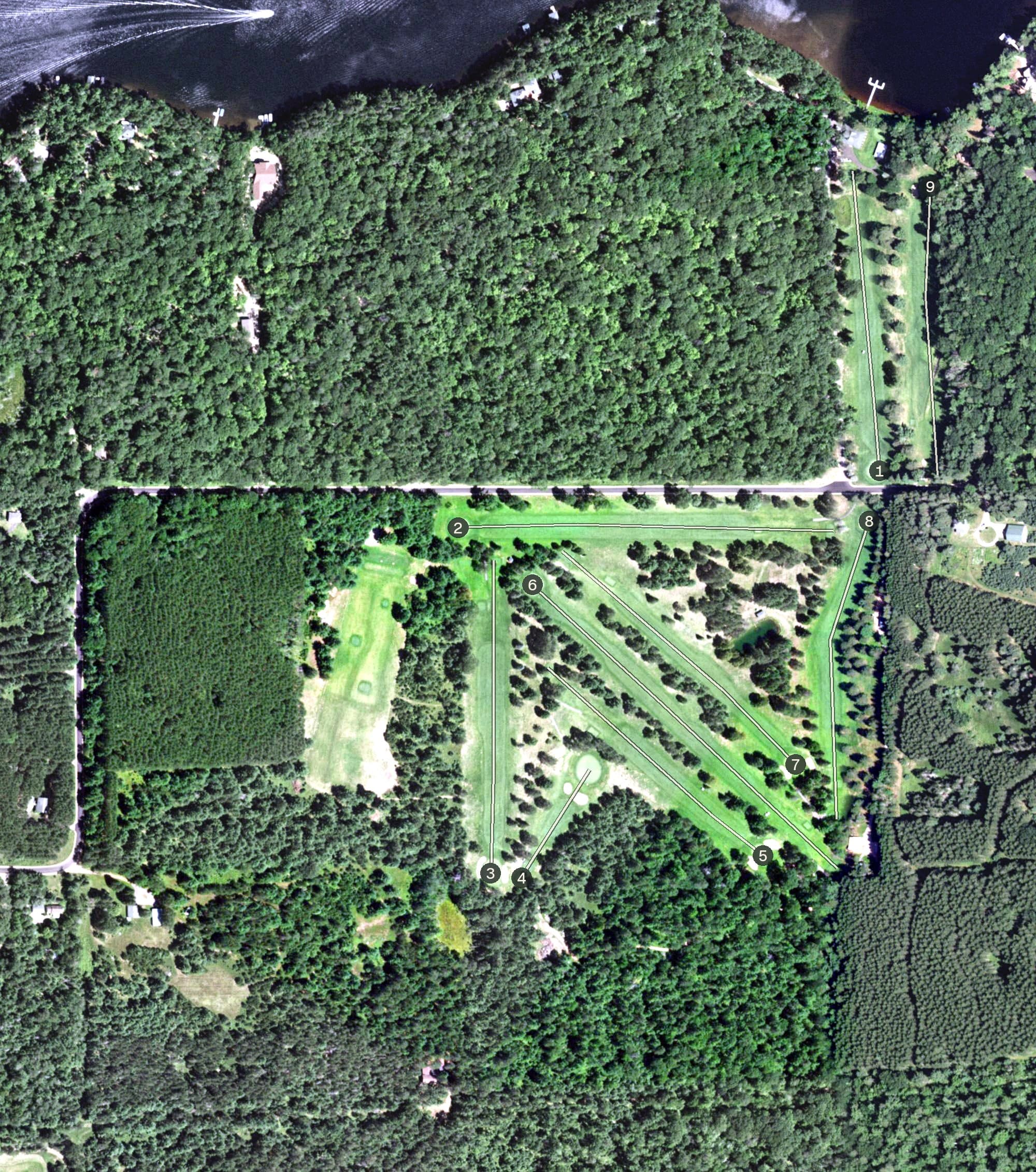 Aerial view of Plum Lake Golf Course, WI, with its hole routing marked