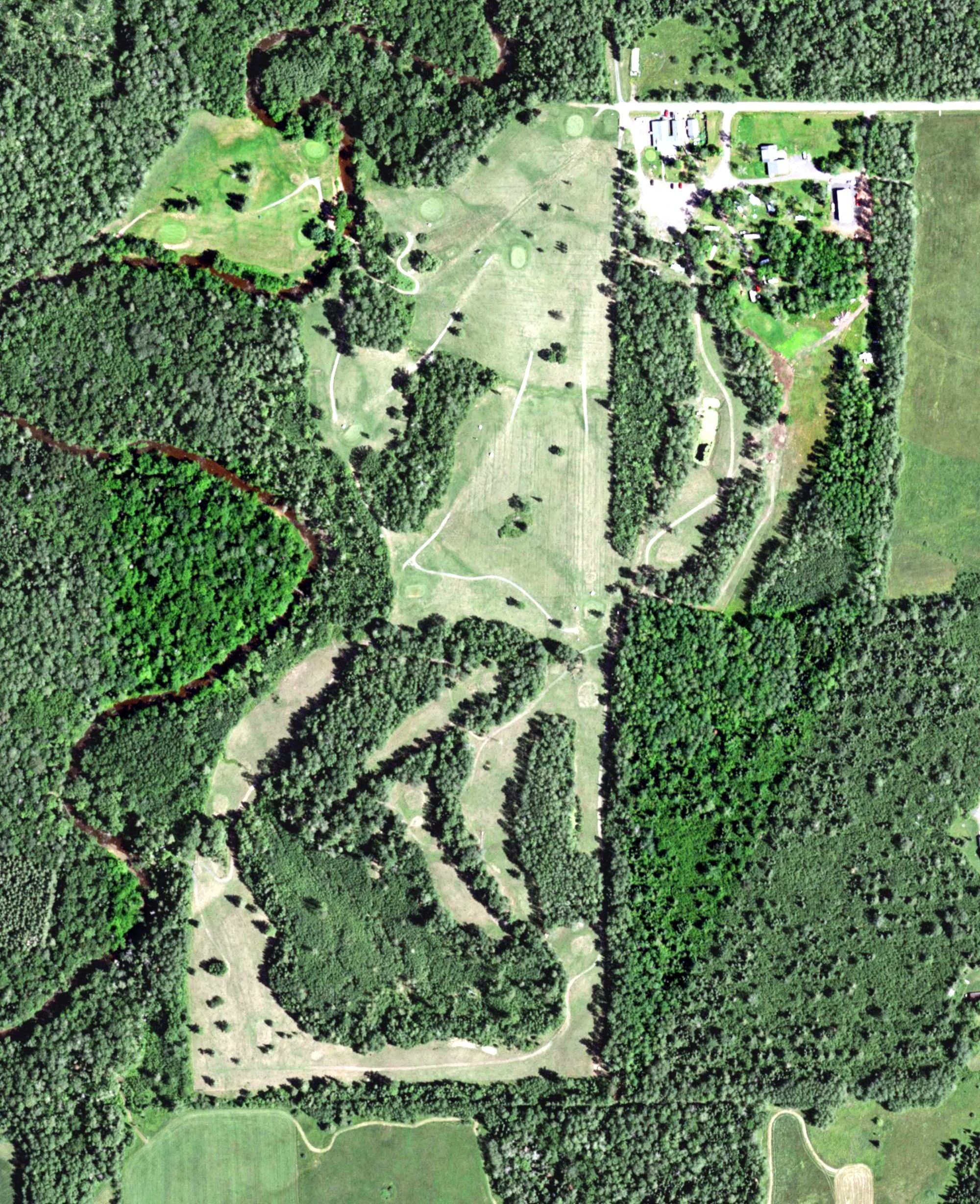 Aerial view of Poplar Golf Course, WI, with its hole routing marked