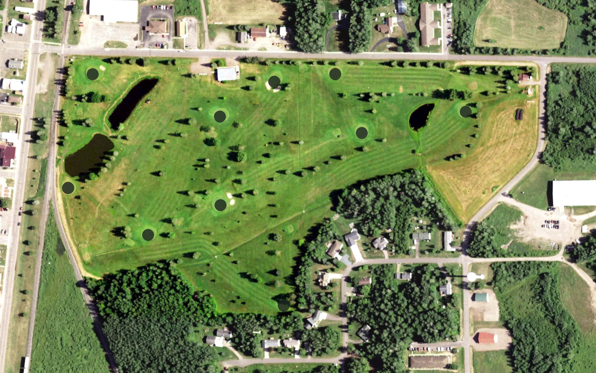 Aerial view of Prentice Pines Golf Course, WI, with its hole routing marked
