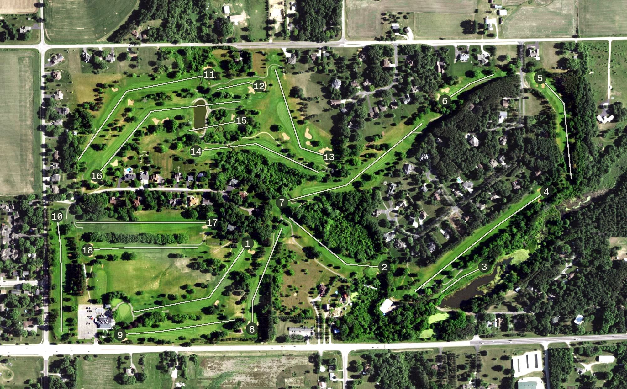 Aerial view of Reedsburg Country Club, WI, with its hole routing marked