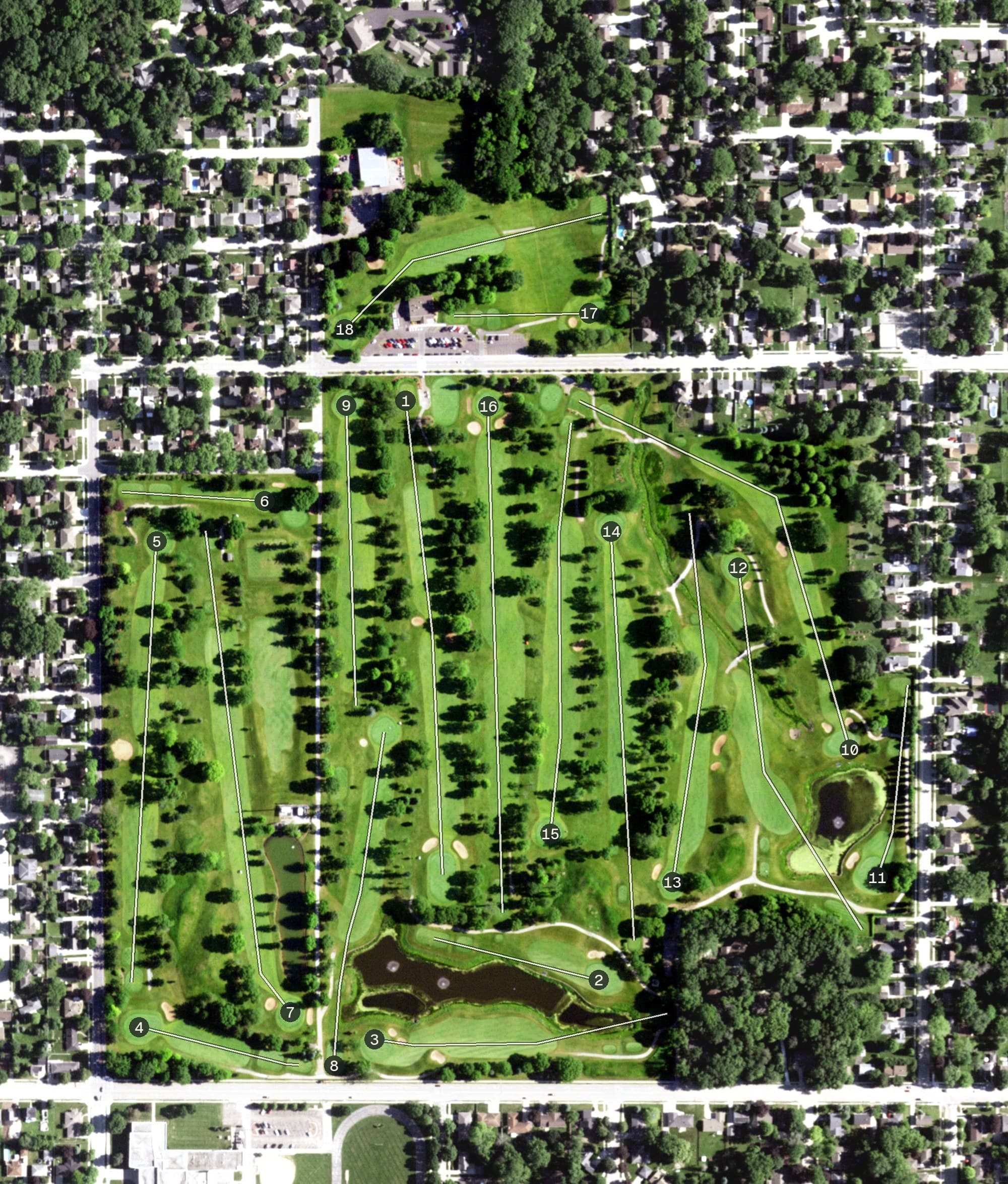 Aerial view of Reid Municipal Golf Course, WI, with its hole routing marked