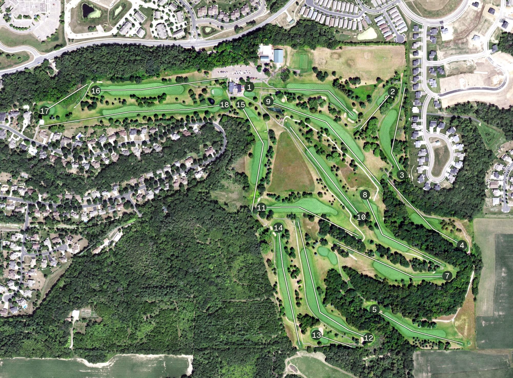 Aerial view of River Falls Golf Club, WI, with its hole routing marked