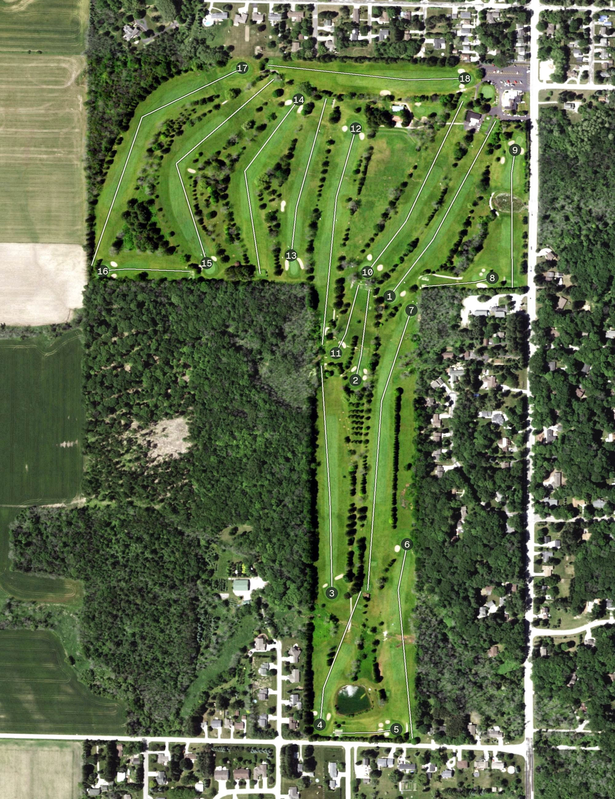 Aerial view of Riverdale Country Club, WI, with its hole routing marked