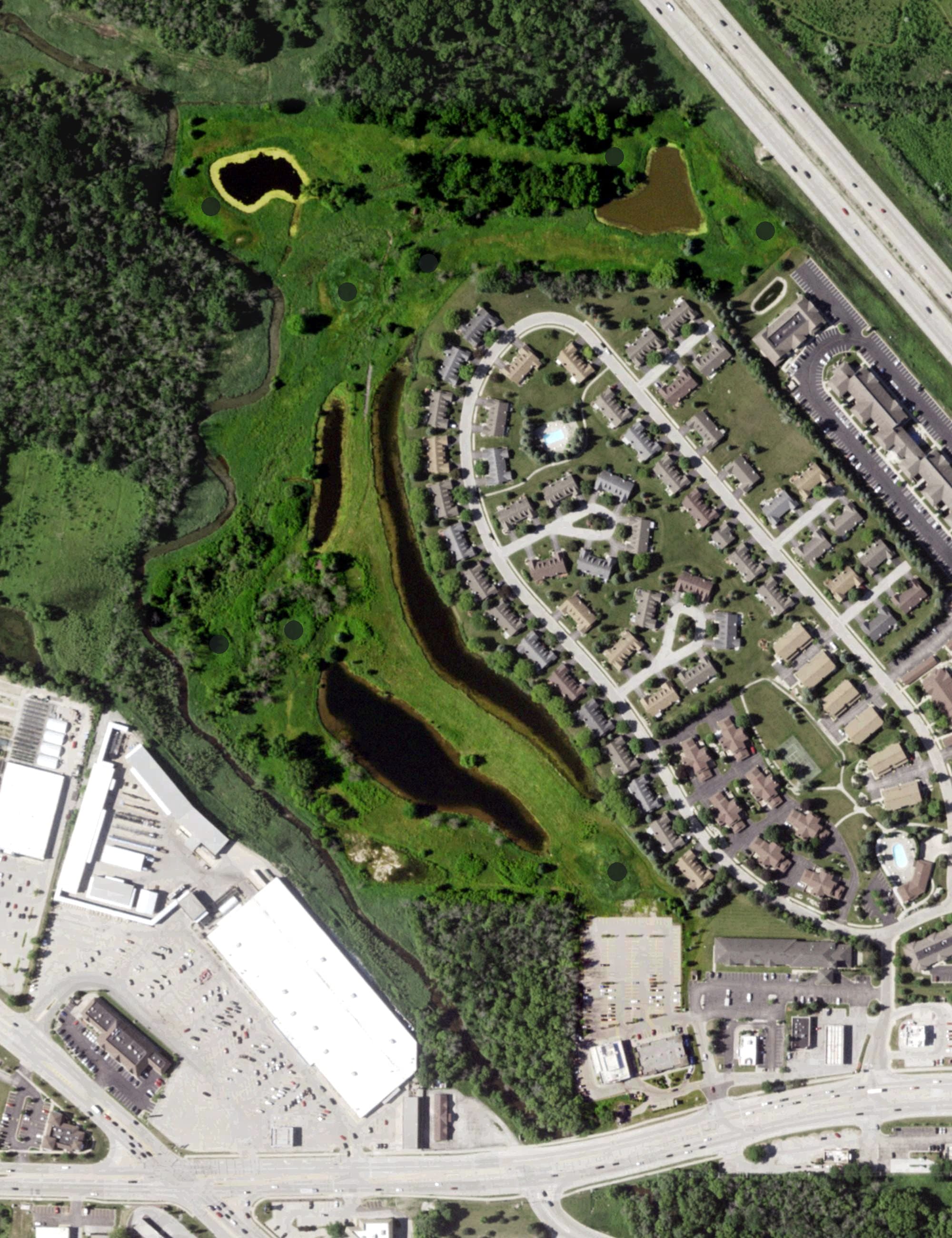 Aerial view of Rivers Bend Golf Club, WI, with its hole routing marked
