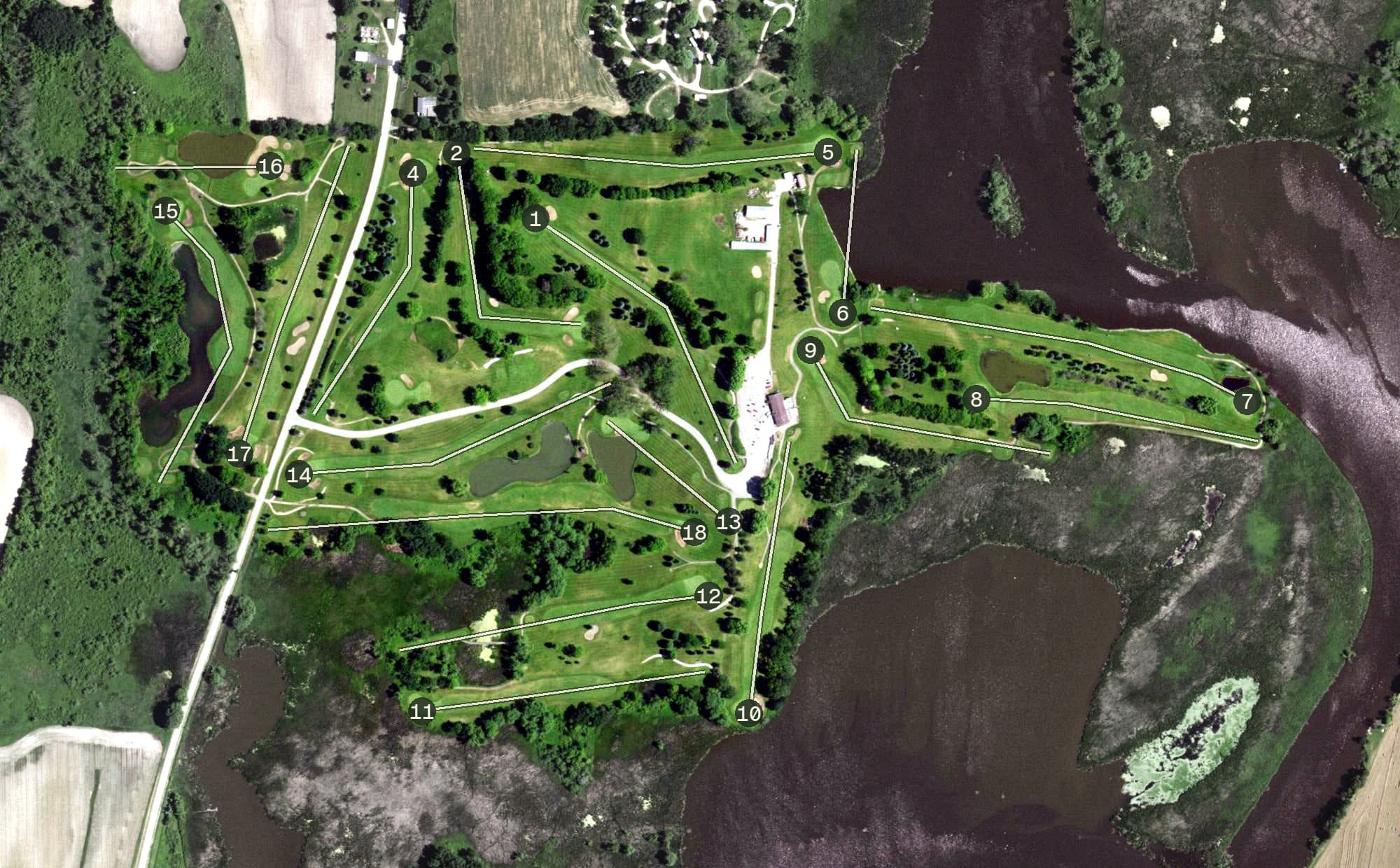 Aerial view of Rock River Hills Golf Course, WI, with its hole routing marked