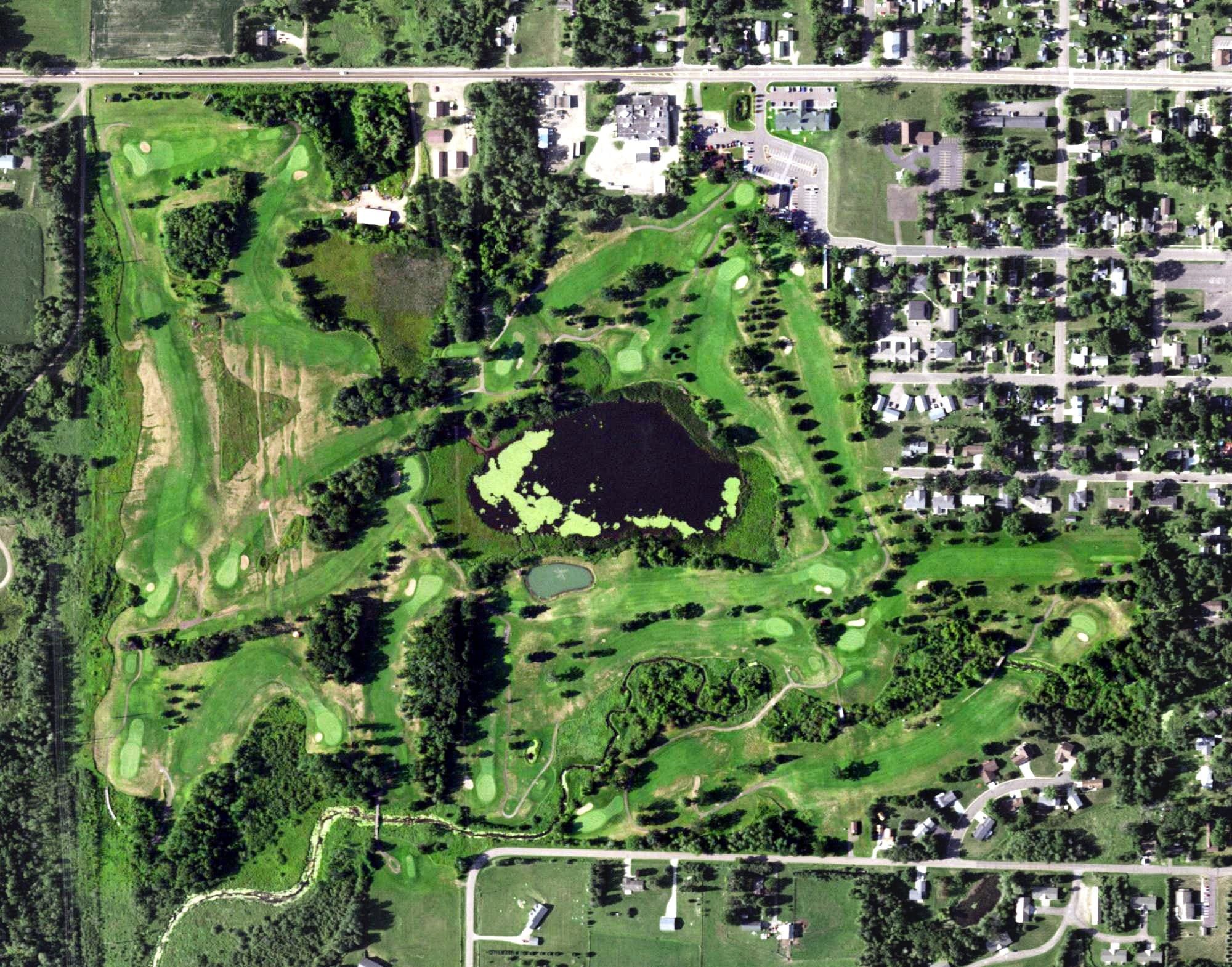 Aerial view of Rolling Oaks Golf Course, WI, with its hole routing marked