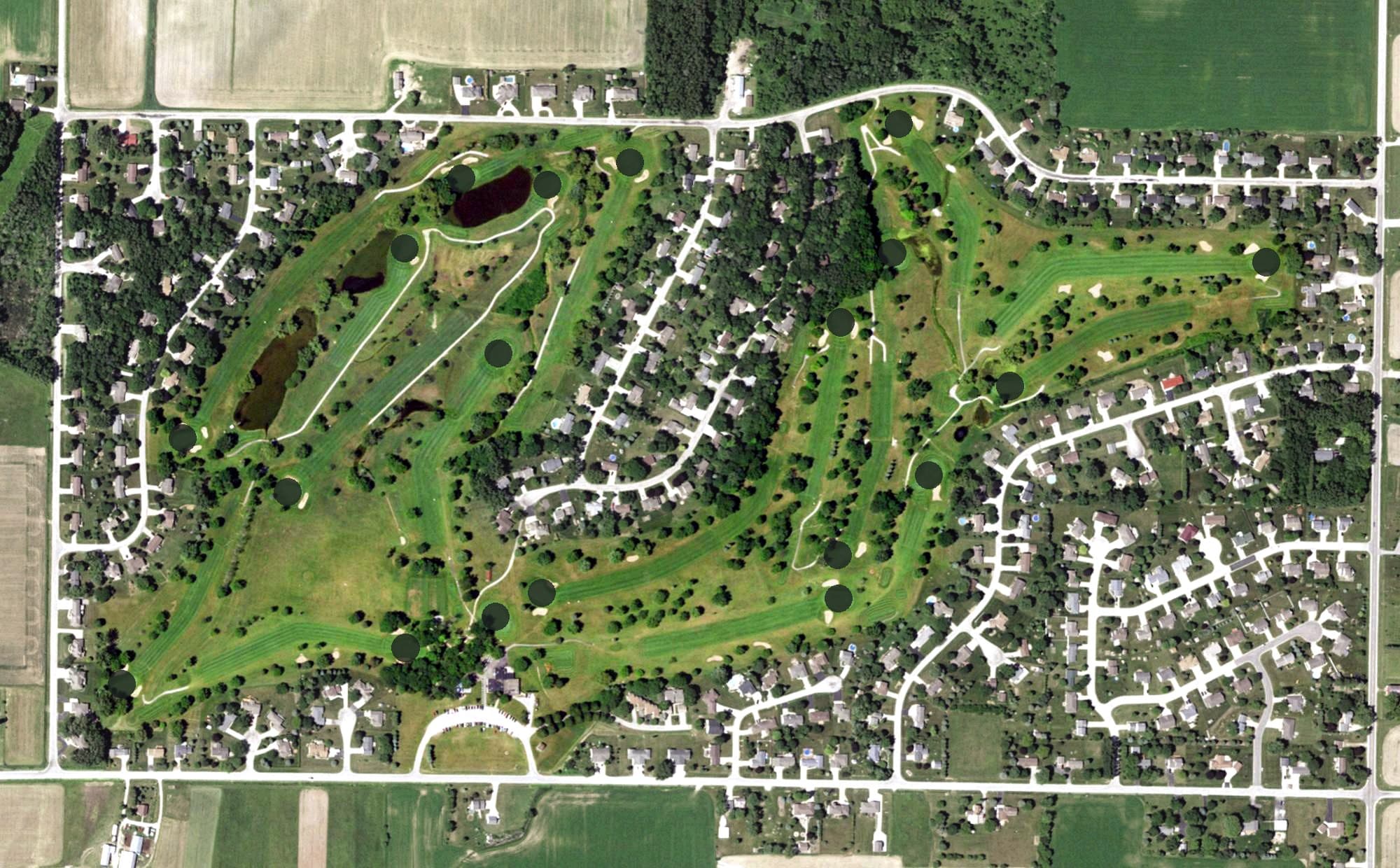 Aerial view of Royal Scot Golf Course, WI, with its hole routing marked