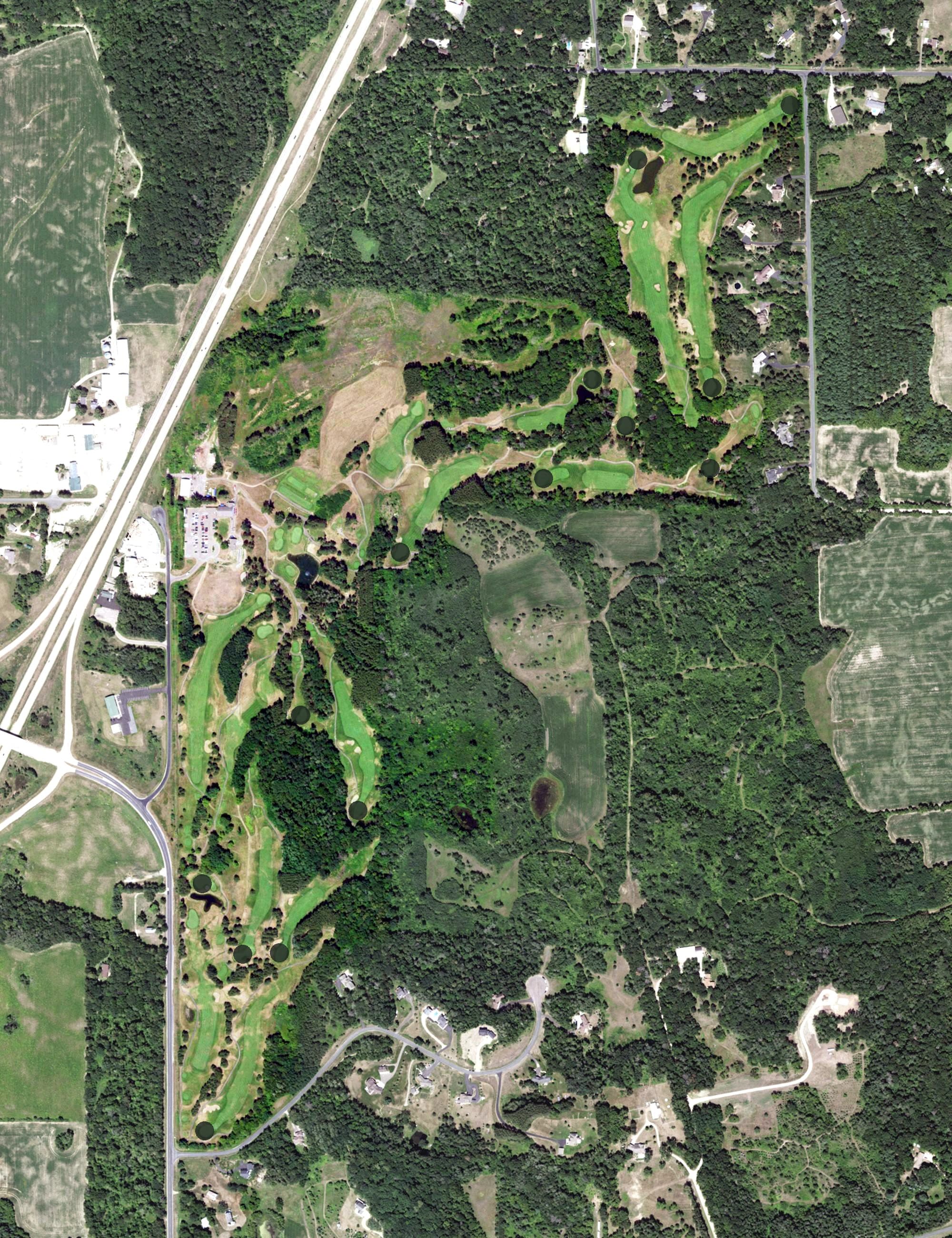 Aerial view of Saint Croix National Golf & Event Center, WI, with its hole routing marked