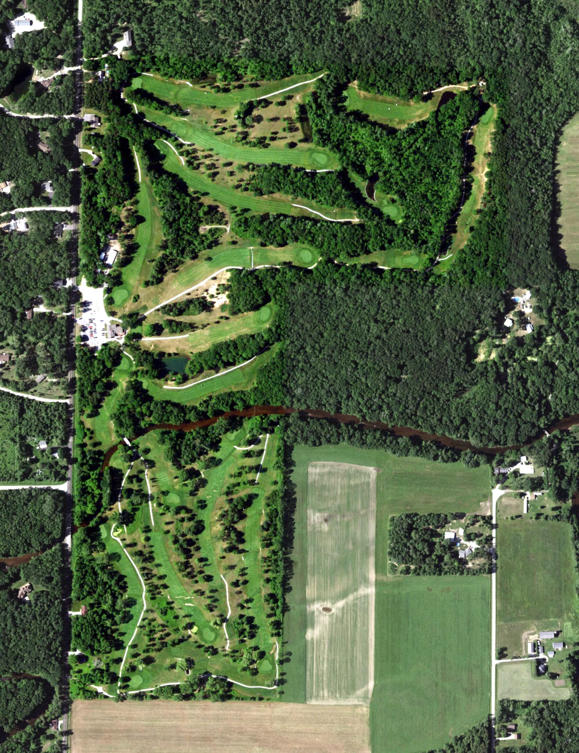Aerial view of Sandalwood Country Club, WI, with its hole routing marked